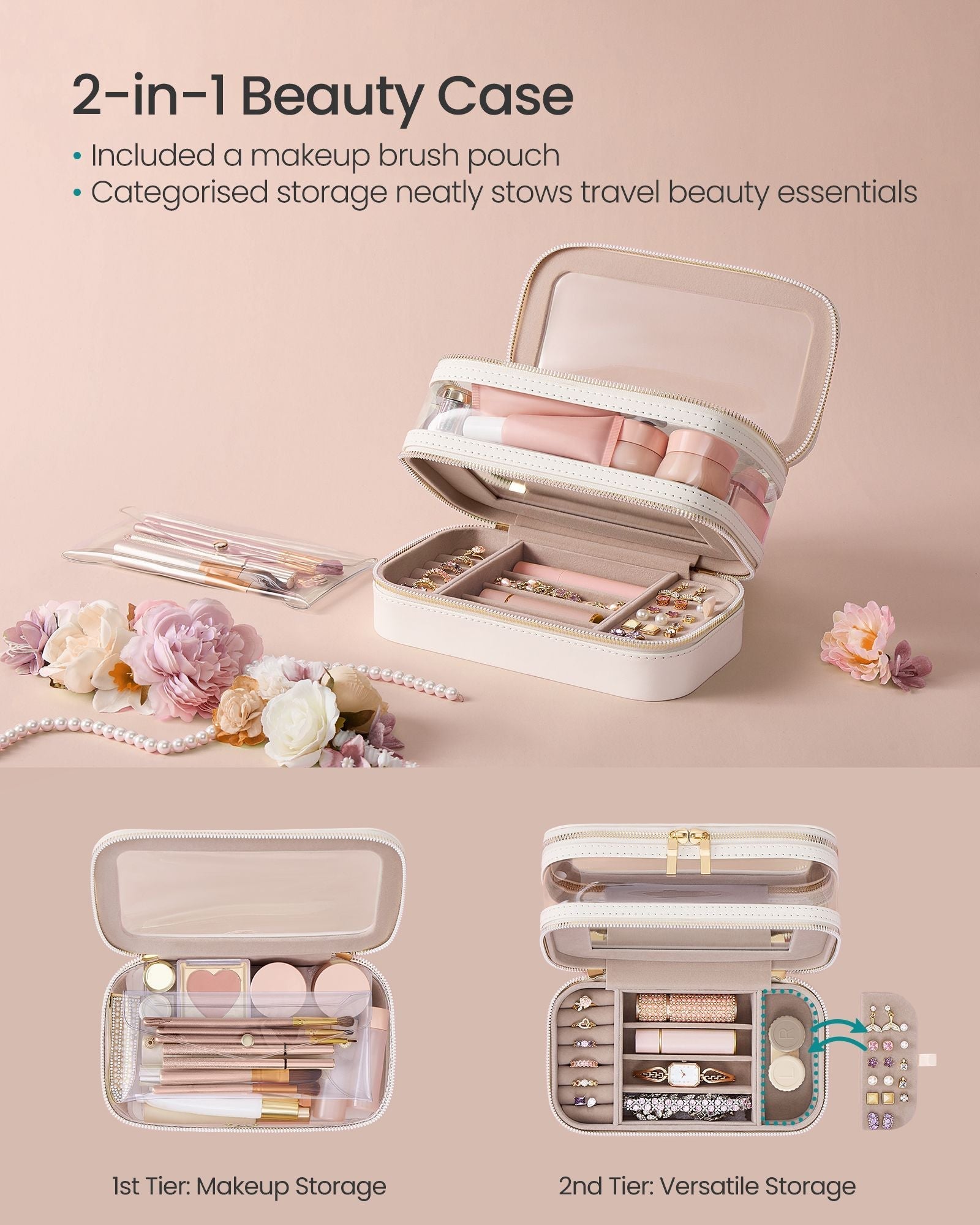 Makeup Bag - Fabric - Cloud White - Includes Separate Brush Pouch