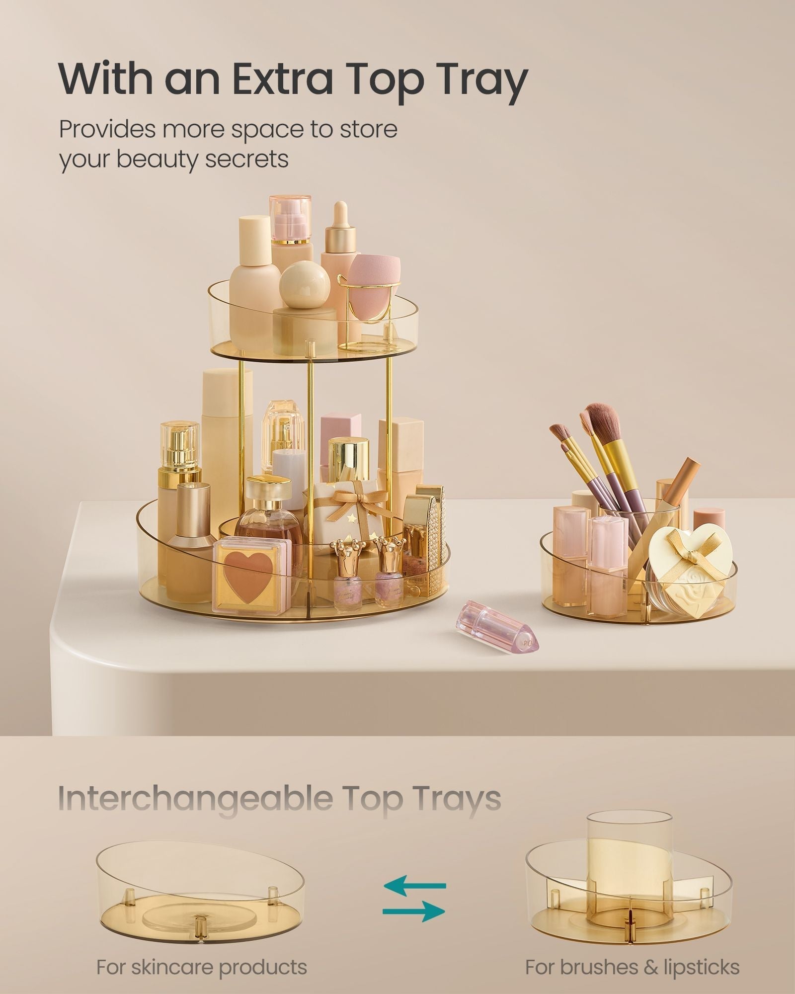 Round Rotating Makeup Organiser - Metal - Champagne Gold - 2-Tier with Extra Top Tray
