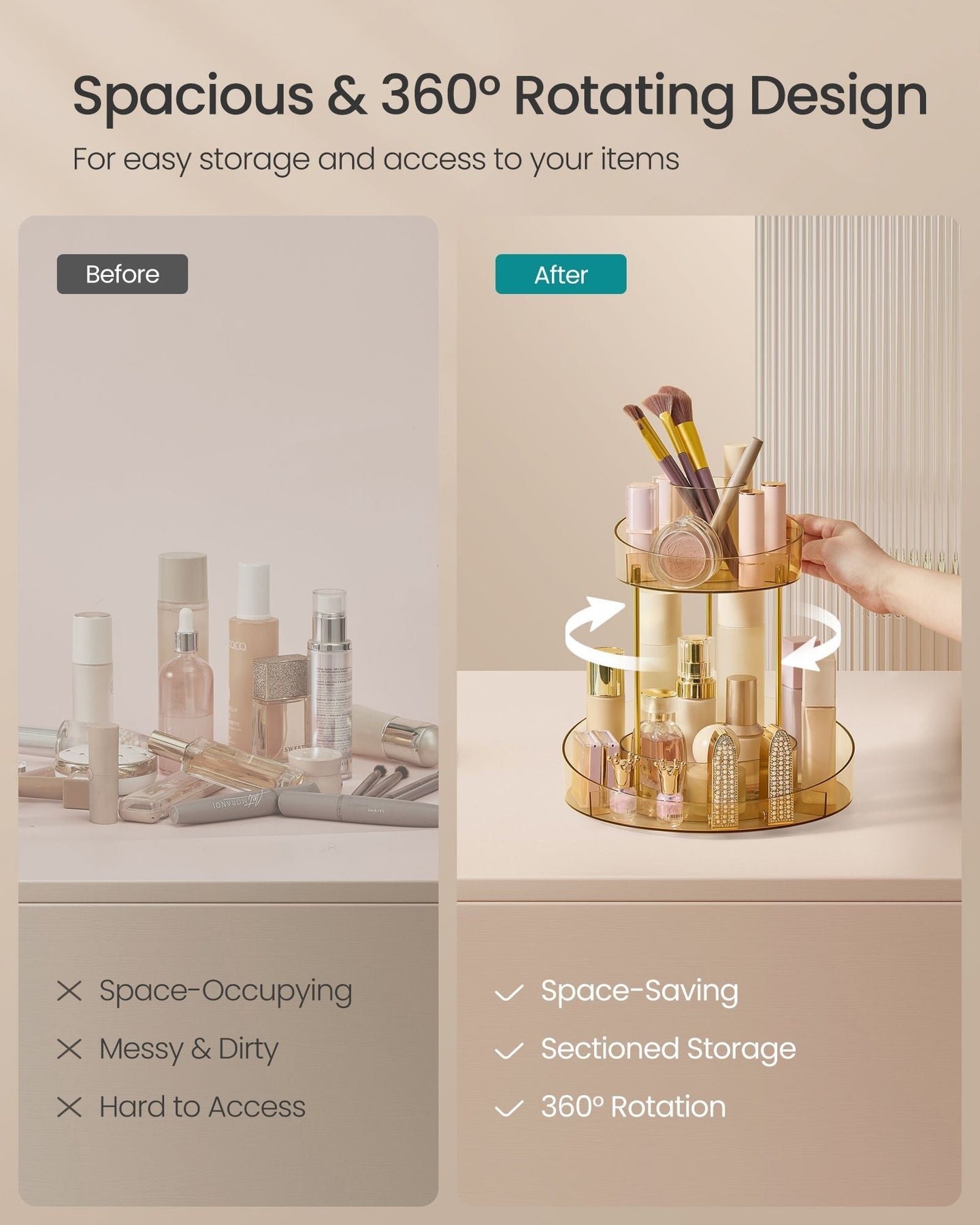 Round Rotating Makeup Organiser - Metal - Champagne Gold - 2-Tier with Extra Top Tray