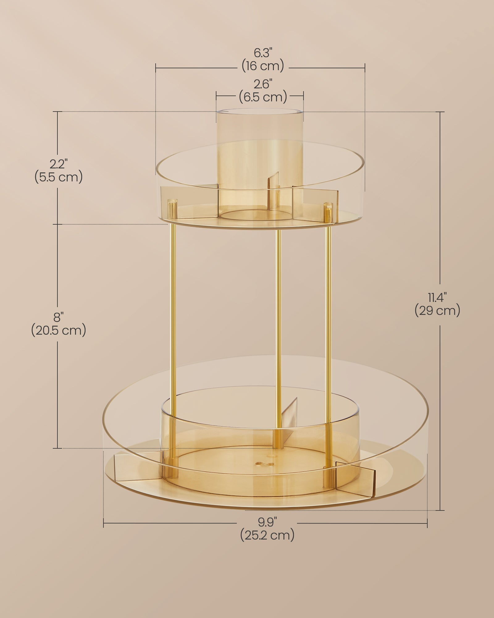 Round Rotating Makeup Organiser - Metal - Champagne Gold - 2-Tier with Extra Top Tray