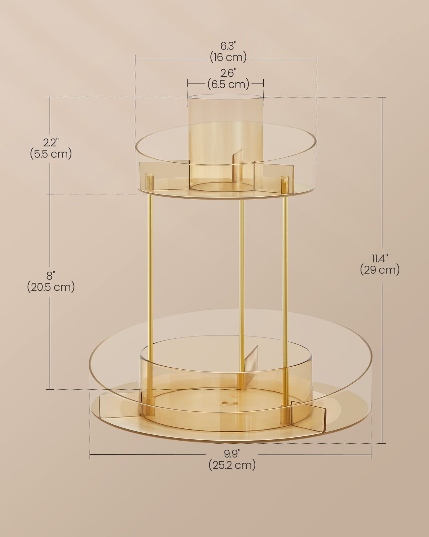 Round Rotating Makeup Organiser - Metal - Champagne Gold - 2-Tier with Extra Top Tray