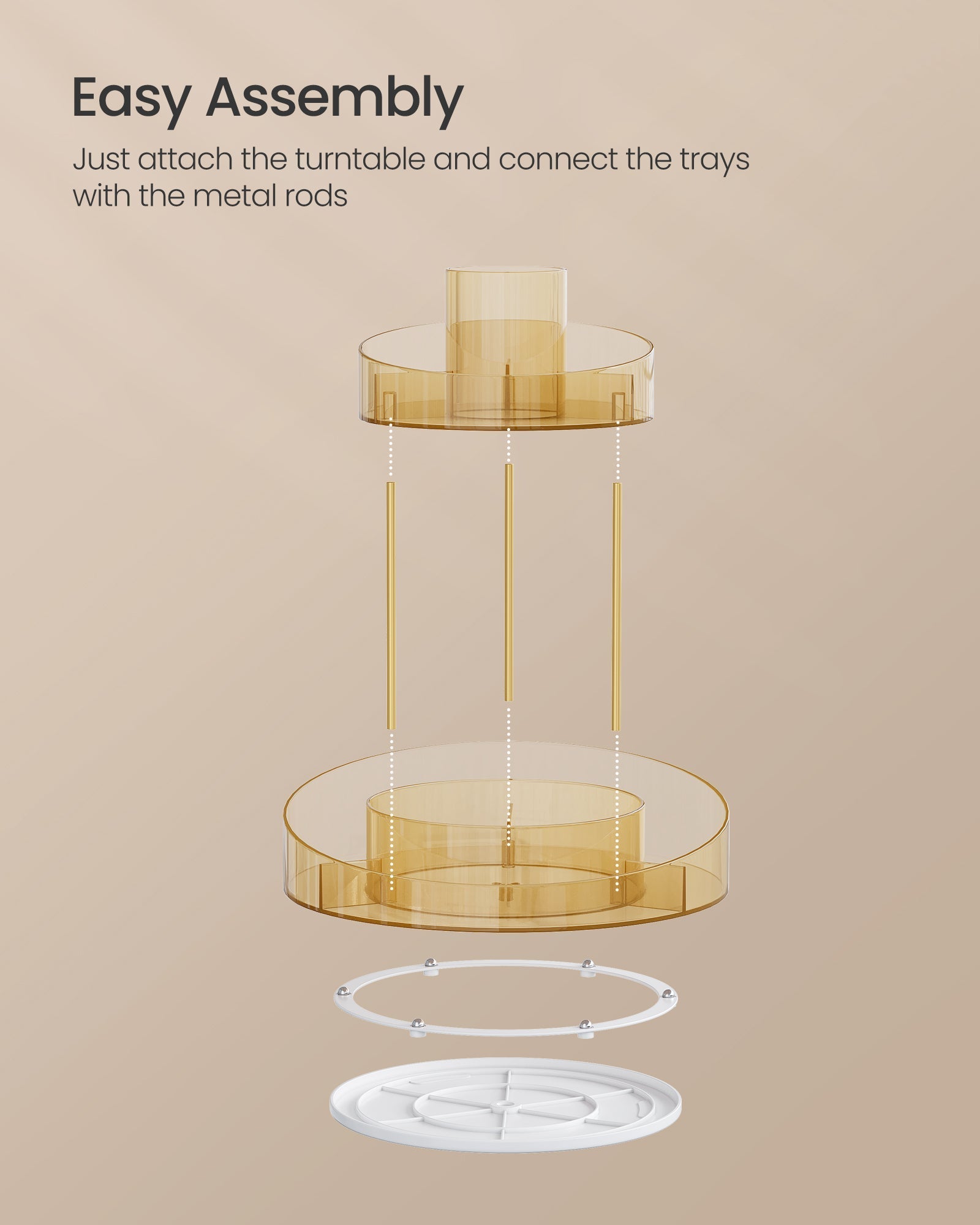 Round Rotating Makeup Organiser - Metal - Champagne Gold - 2-Tier with Extra Top Tray