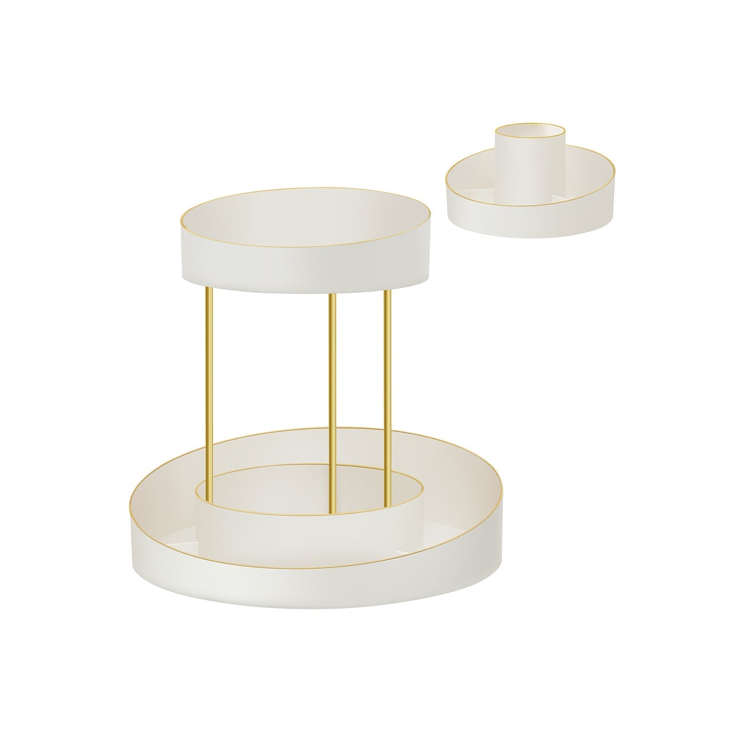 2-Tier Round Rotating Makeup Organiser - Plastic - White and Champagne Gold - Customisable with Extra Top Tray