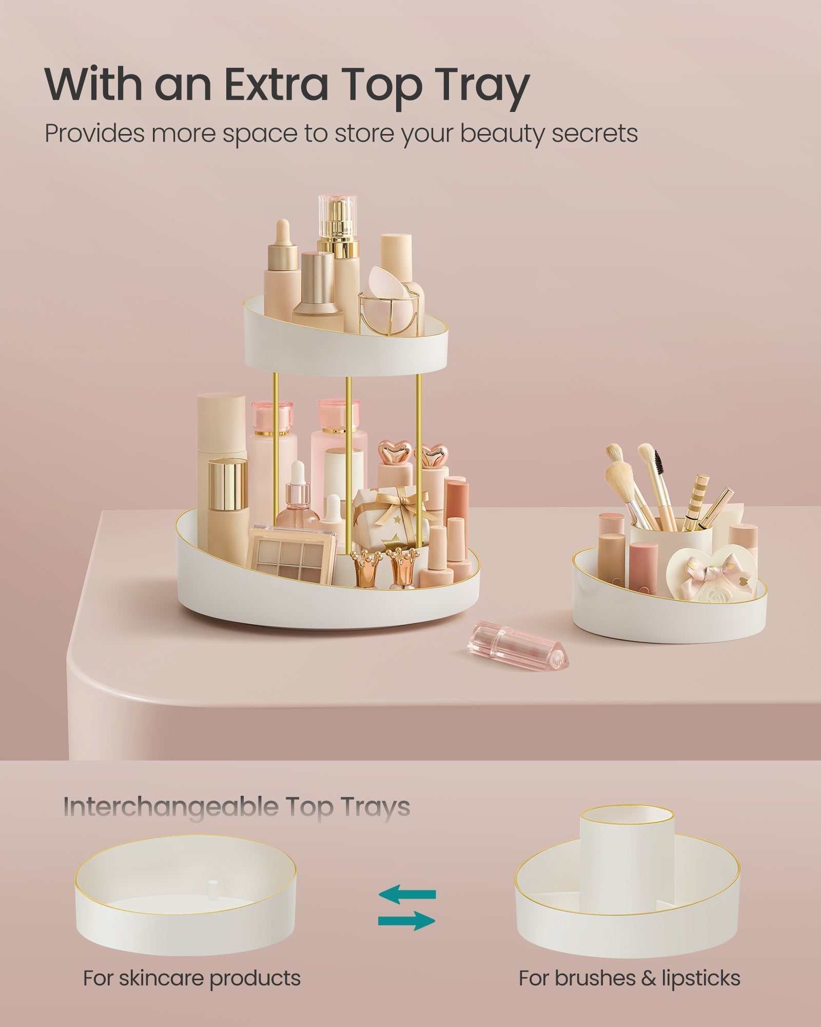 2-Tier Round Rotating Makeup Organiser - Plastic - White and Champagne Gold - Customisable with Extra Top Tray