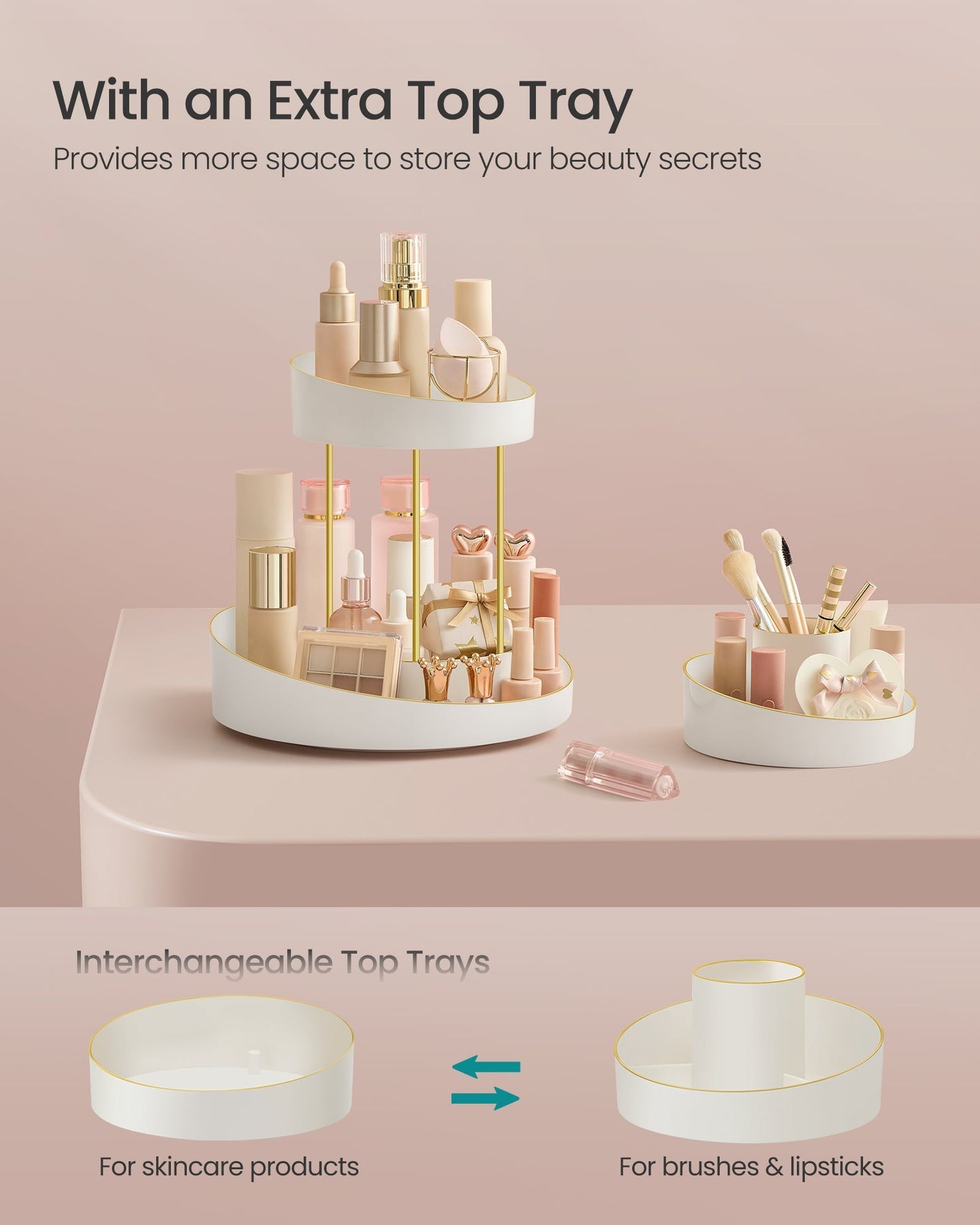 2-Tier Round Rotating Makeup Organiser - Plastic - White and Champagne Gold - Customisable with Extra Top Tray