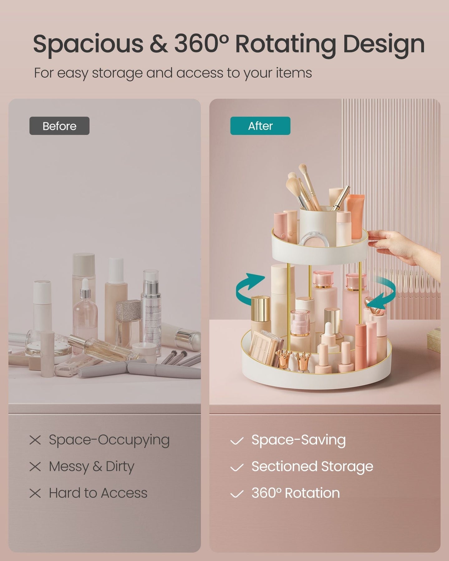 2-Tier Round Rotating Makeup Organiser - Plastic - White and Champagne Gold - Customisable with Extra Top Tray