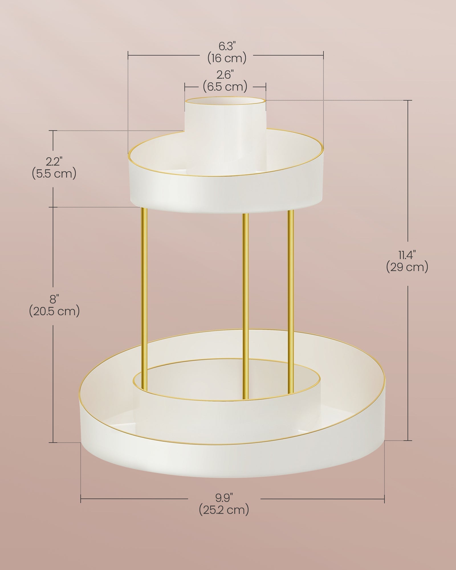 2-Tier Round Rotating Makeup Organiser - Plastic - White and Champagne Gold - Customisable with Extra Top Tray