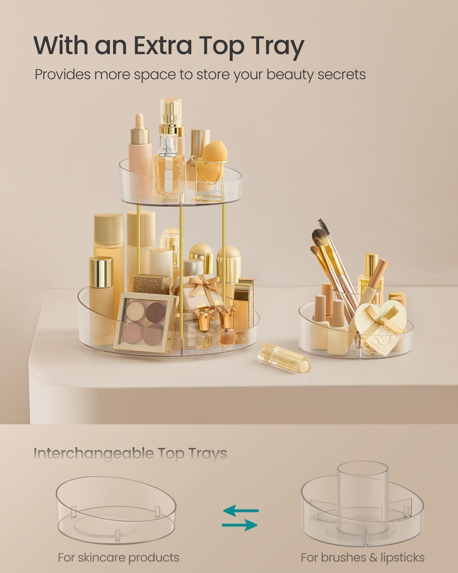 Round Rotating Makeup Organiser - Transparent - Champagne Gold