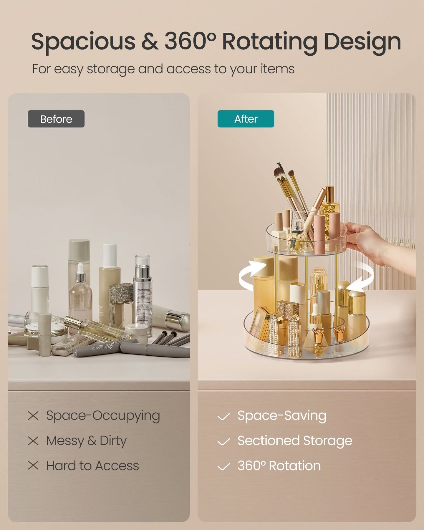 Round Rotating Makeup Organiser - Transparent - Champagne Gold