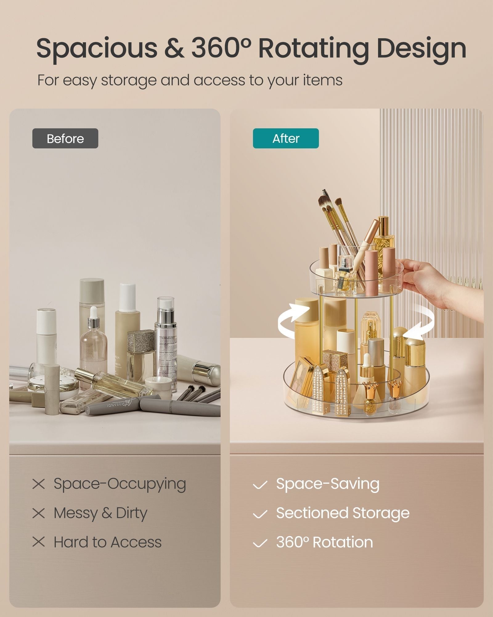 Round Rotating Makeup Organiser - Transparent - Champagne Gold