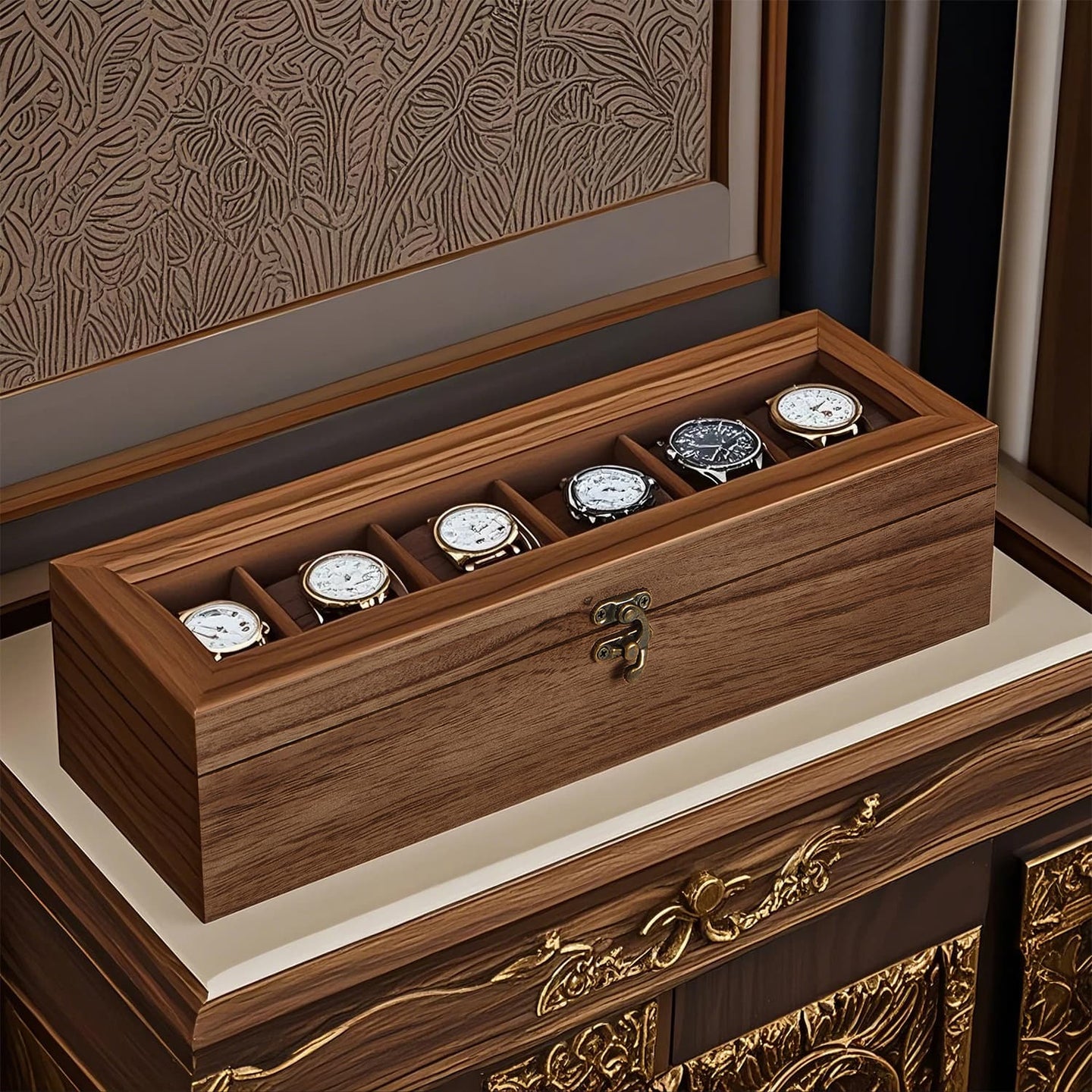 Watch Box - Solid Wood - Rustic Walnut - 6-Slot Display Case with Glass Lid and Removable Pillows