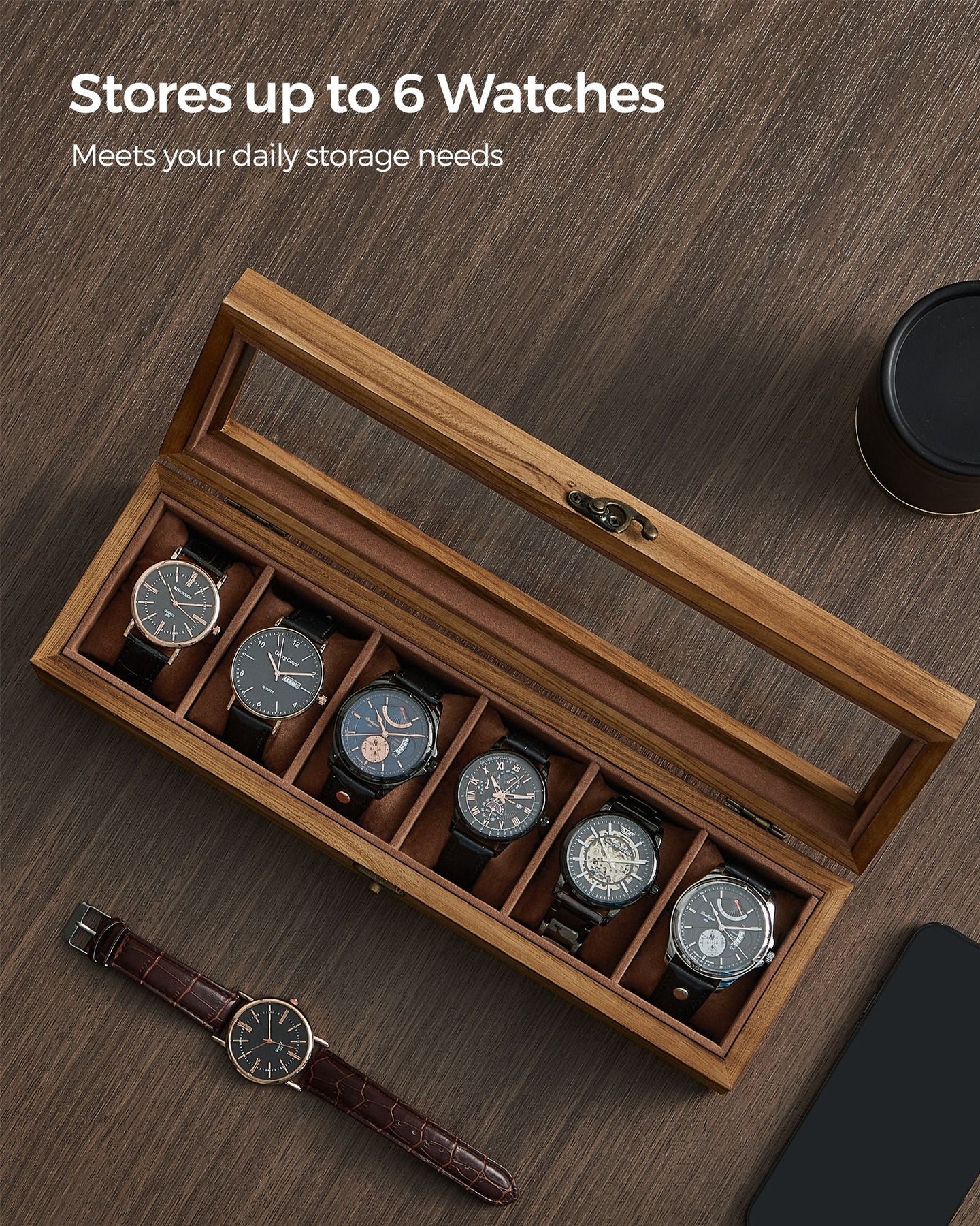 Watch Box - Solid Wood - Rustic Walnut - 6 Slots with Glass Lid and Removable Pillows