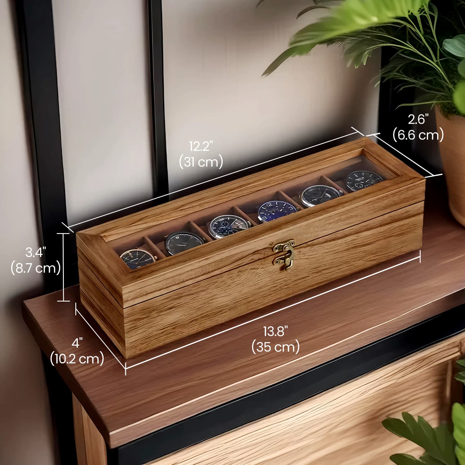 Watch Box - Solid Wood - Rustic Walnut - 6-Slot Display Case with Glass Lid and Removable Pillows
