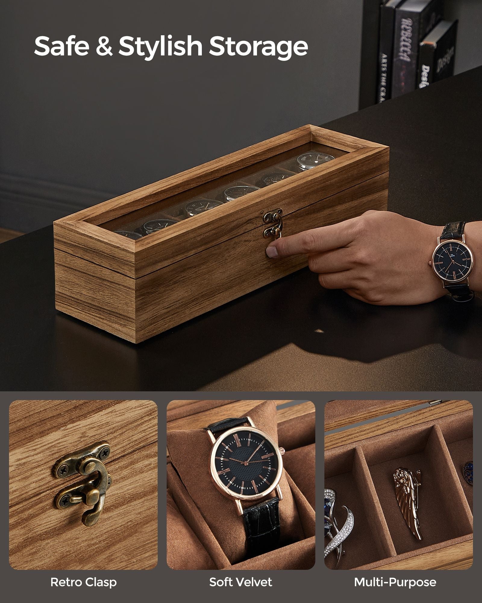 Watch Box - Solid Wood - Rustic Walnut - 6 Slots with Glass Lid and Removable Pillows