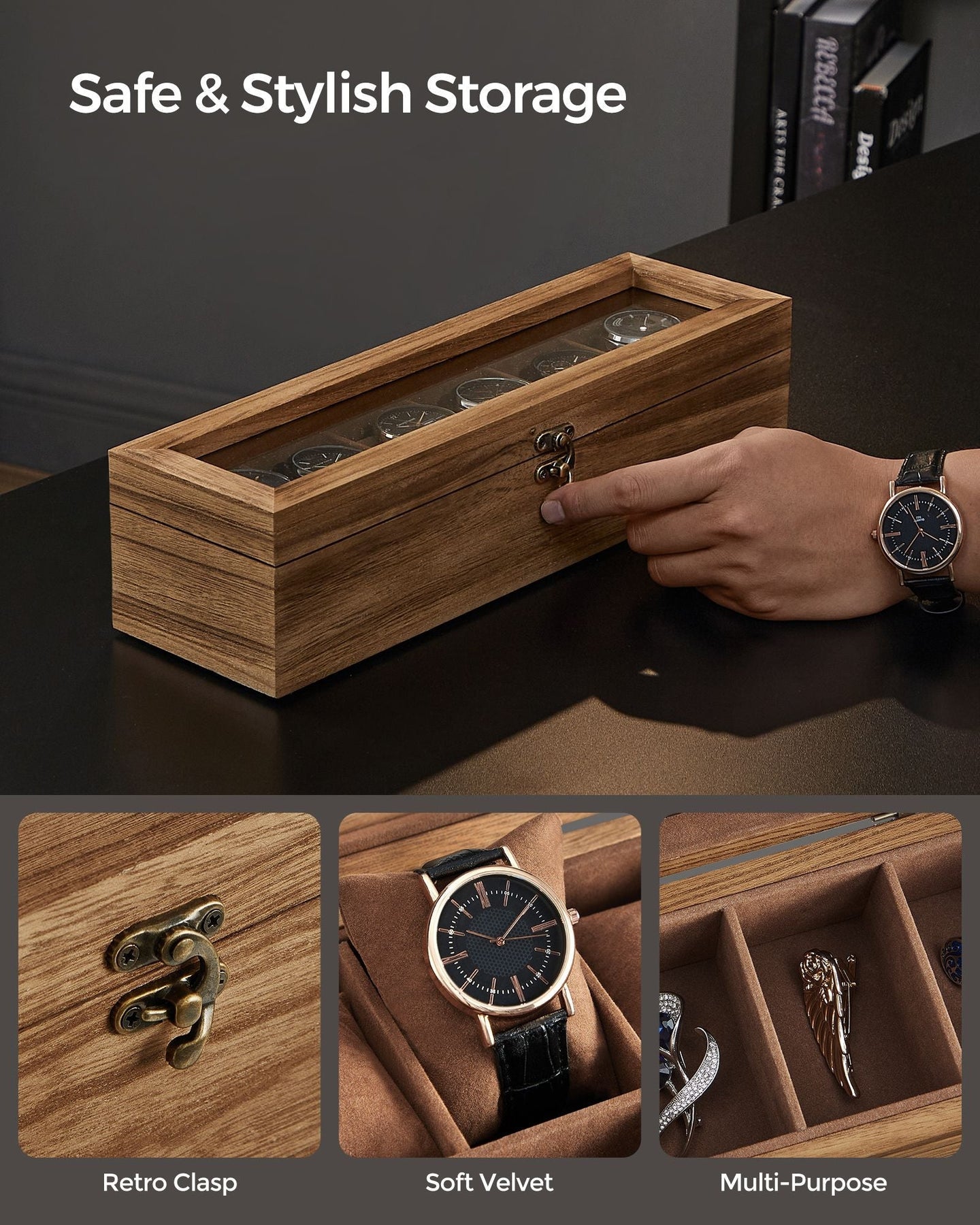 Watch Box - Solid Wood - Rustic Walnut - 6 Slots with Glass Lid and Removable Pillows