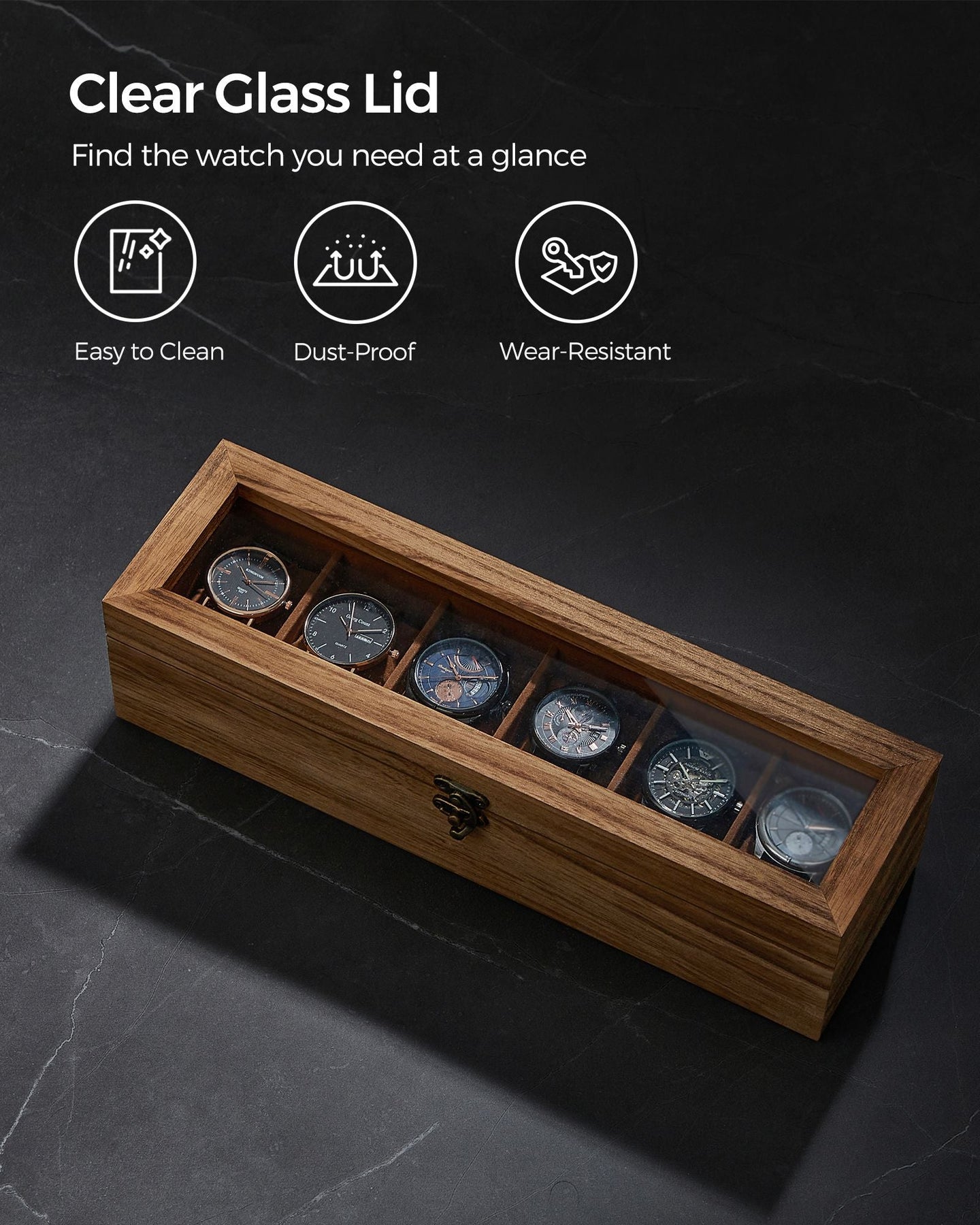 Watch Box - Solid Wood - Rustic Walnut - 6 Slots with Glass Lid and Removable Pillows