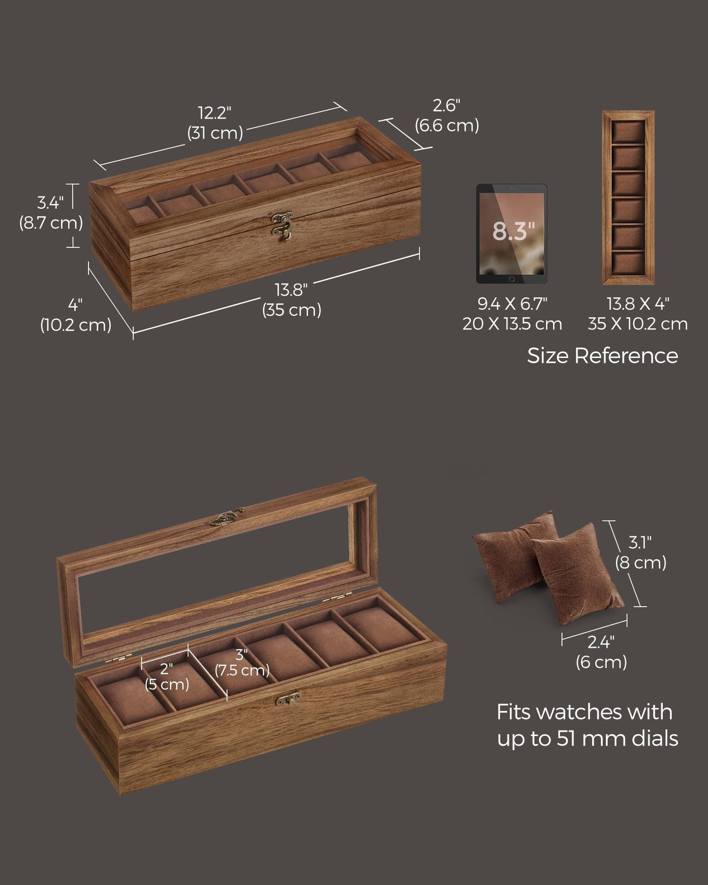 Watch Box - Solid Wood - Rustic Walnut - 6 Slots with Glass Lid and Removable Pillows