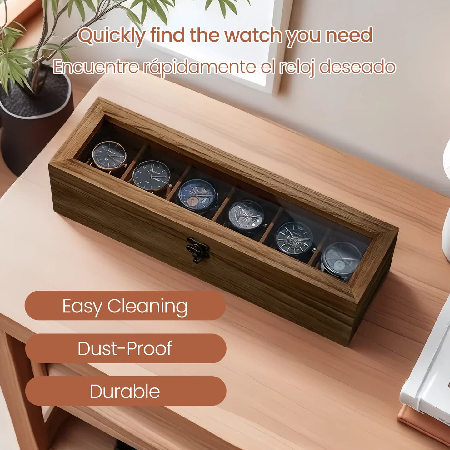 Watch Box - Solid Wood - Rustic Walnut - 6-Slot Display Case with Glass Lid and Removable Pillows