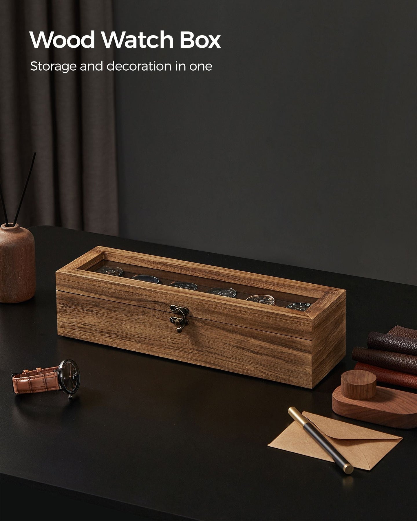 Watch Box - Solid Wood - Rustic Walnut - 6 Slots with Glass Lid and Removable Pillows