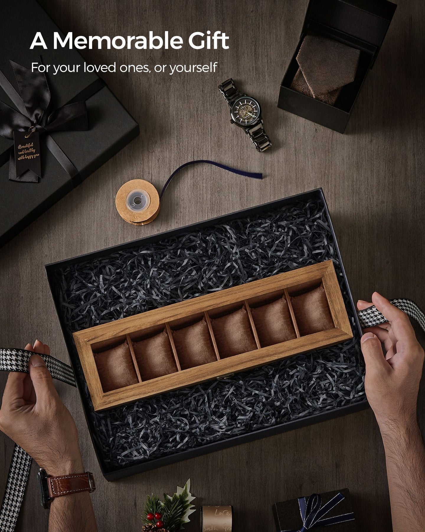 Watch Box - Solid Wood - Rustic Walnut - 6 Slots with Glass Lid and Removable Pillows