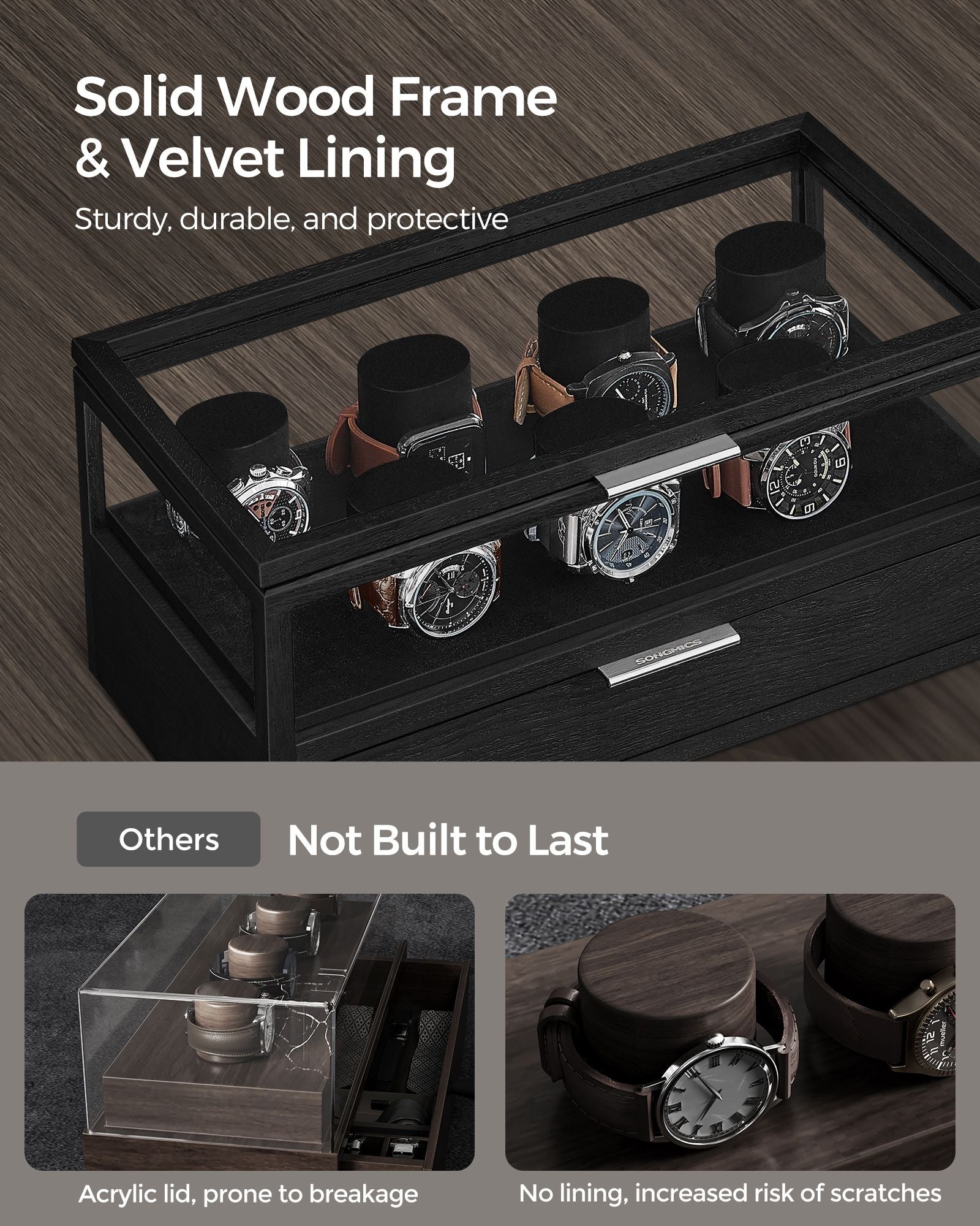 2-Tier Watch Box - Solid Wood - Ink Black - Velvet Lining with 7 Pillars and Drawer