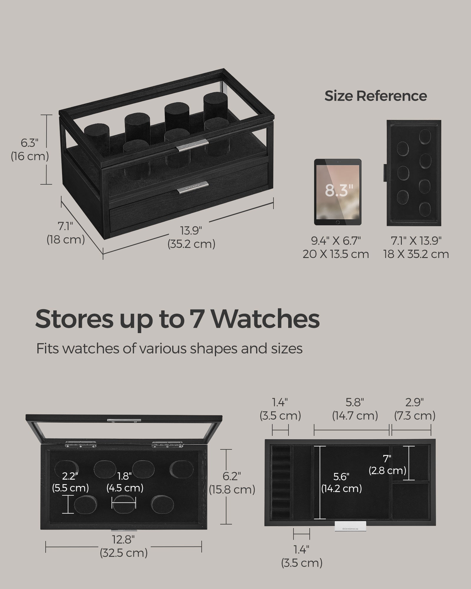 2-Tier Watch Box - Solid Wood - Ink Black - Velvet Lining with 7 Pillars and Drawer