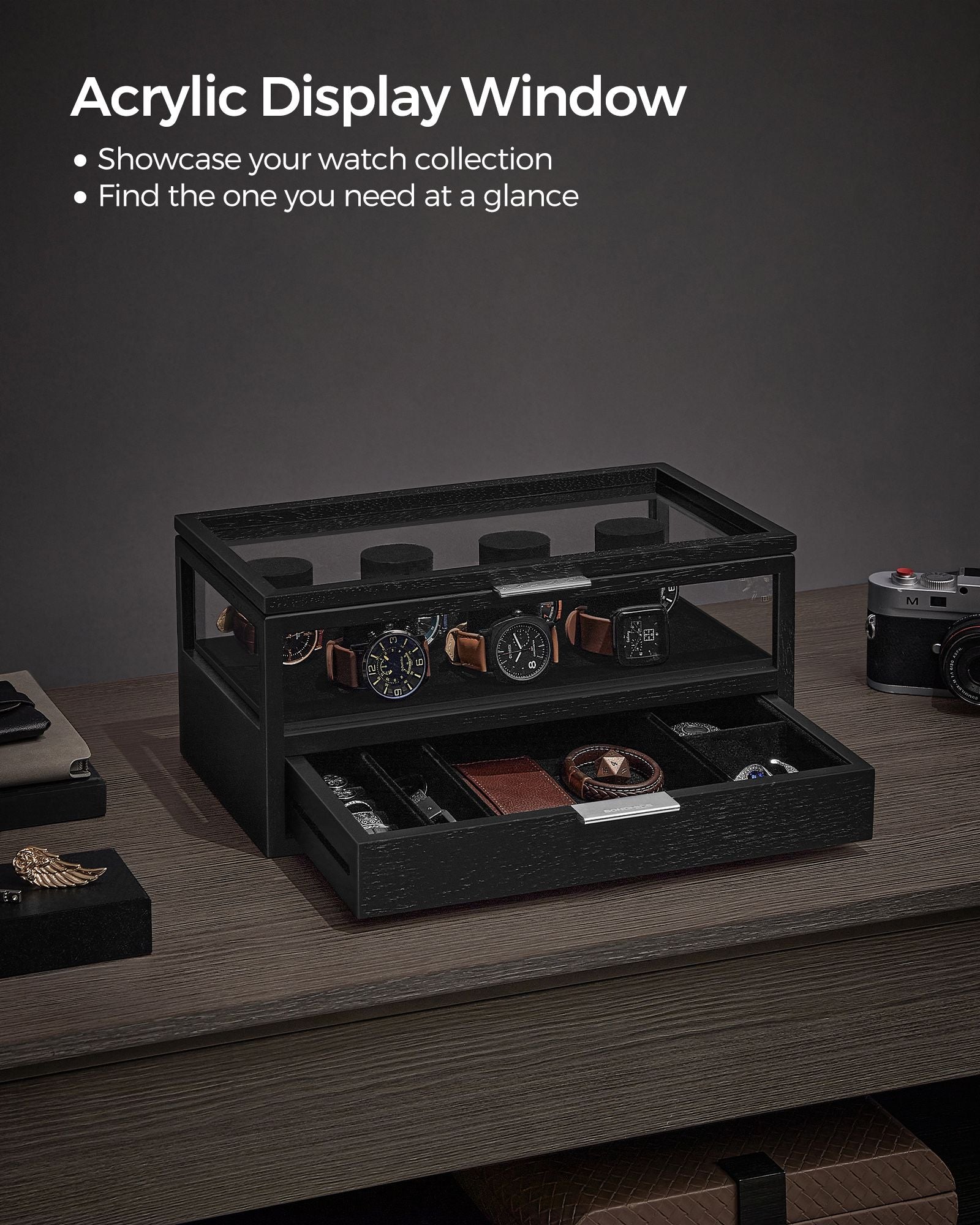 2-Tier Watch Box - Solid Wood - Ink Black - Velvet Lining with 7 Pillars and Drawer
