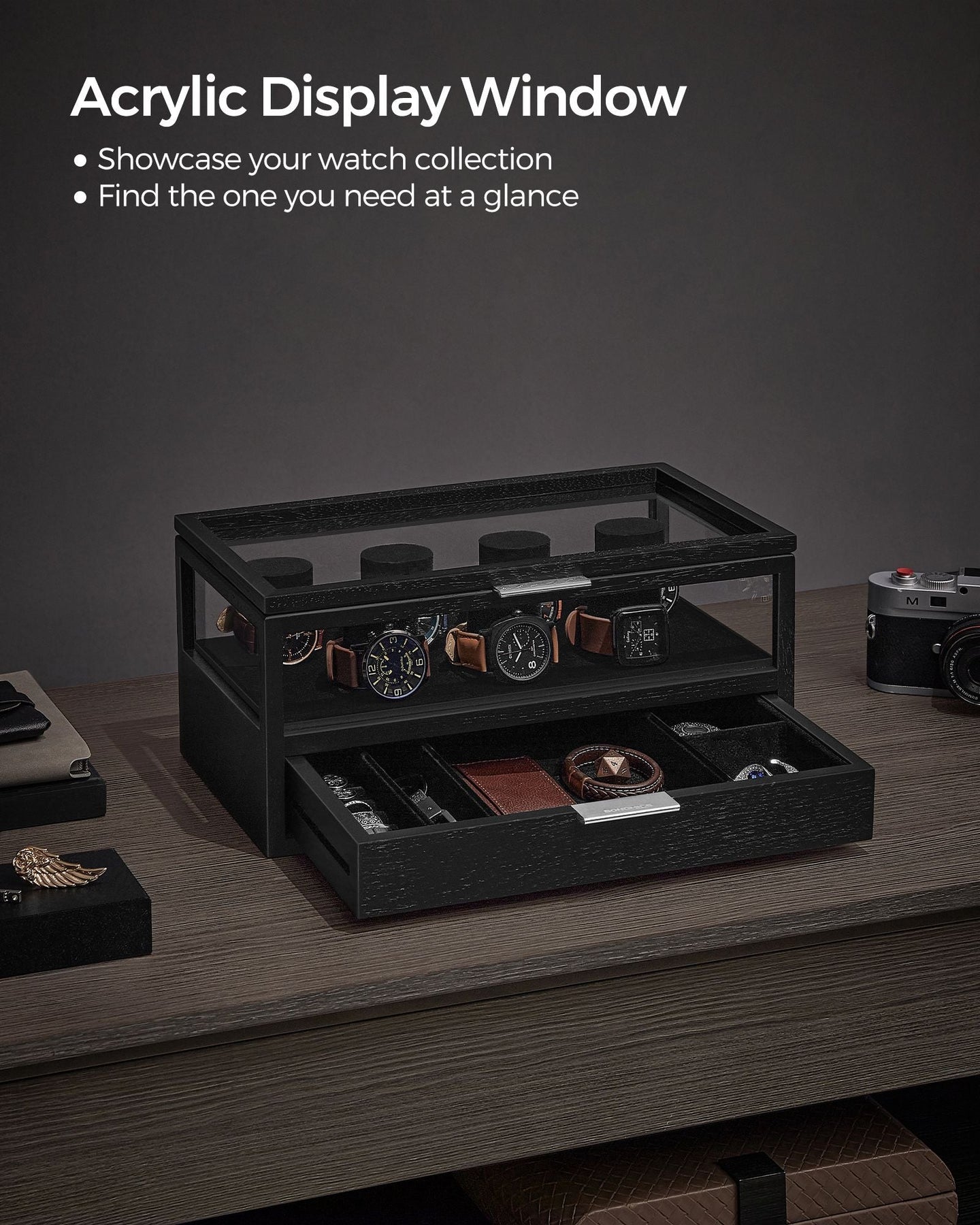 2-Tier Watch Box - Solid Wood - Ink Black - Velvet Lining with 7 Pillars and Drawer
