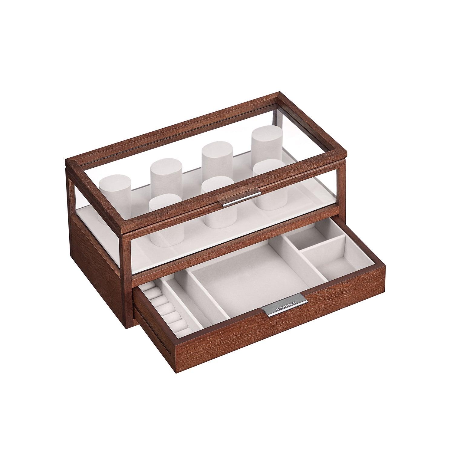 2-Tier Watch Box - Solid Wood - Natural Finish - 7 Pillars with Drawer and Velvet Lining