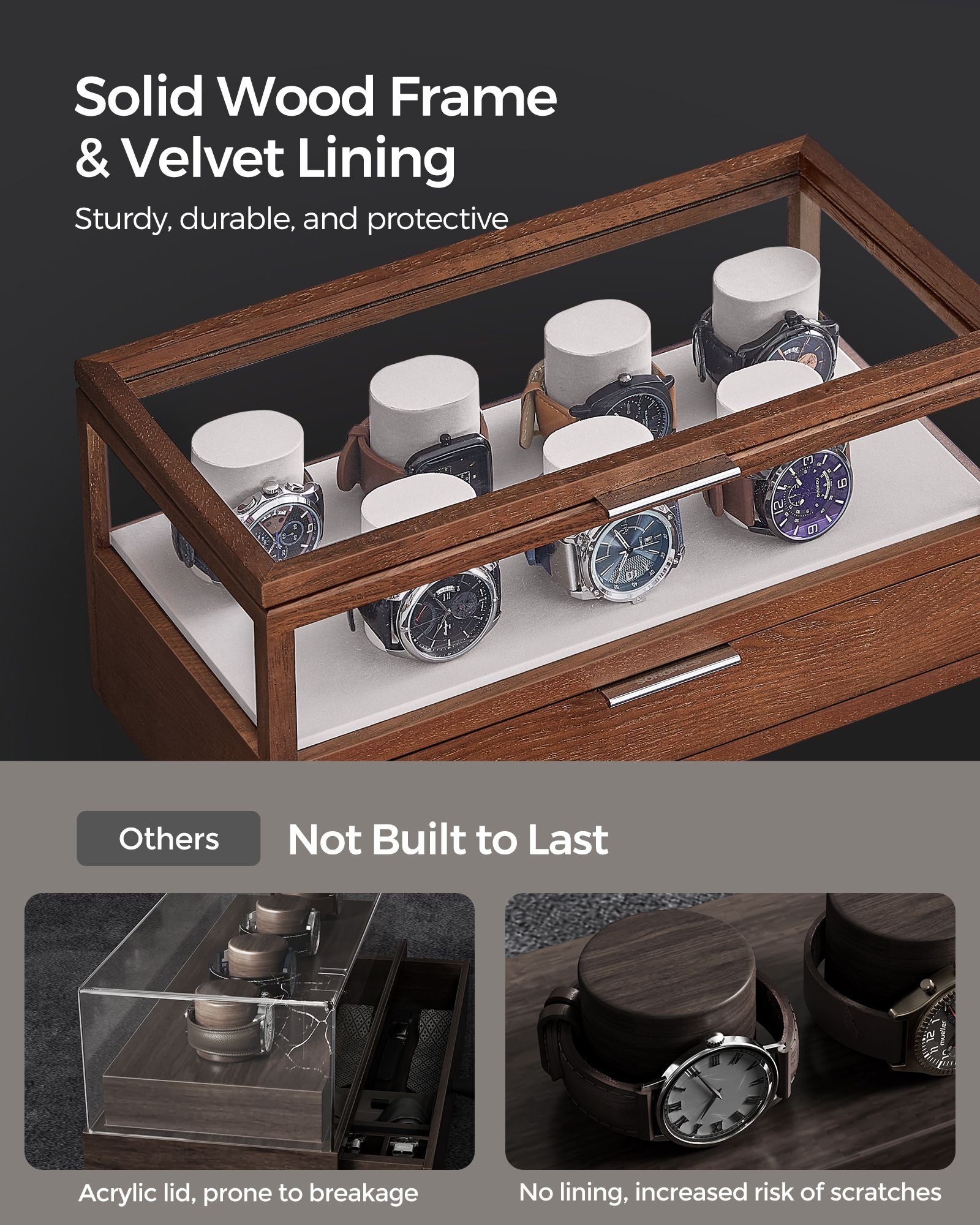 2-Tier Watch Box - Solid Wood - Natural Finish - 7 Pillars with Drawer and Velvet Lining