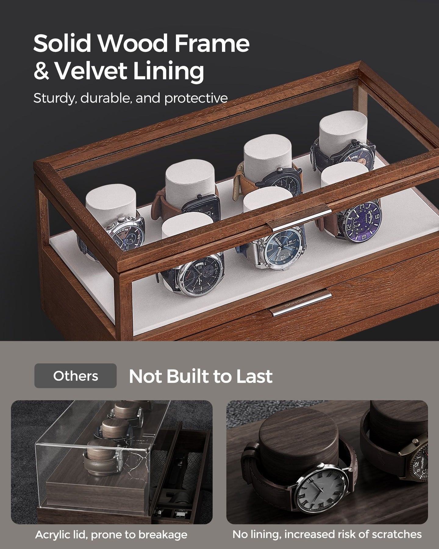 2-Tier Watch Box - Solid Wood - Natural Finish - 7 Pillars with Drawer and Velvet Lining