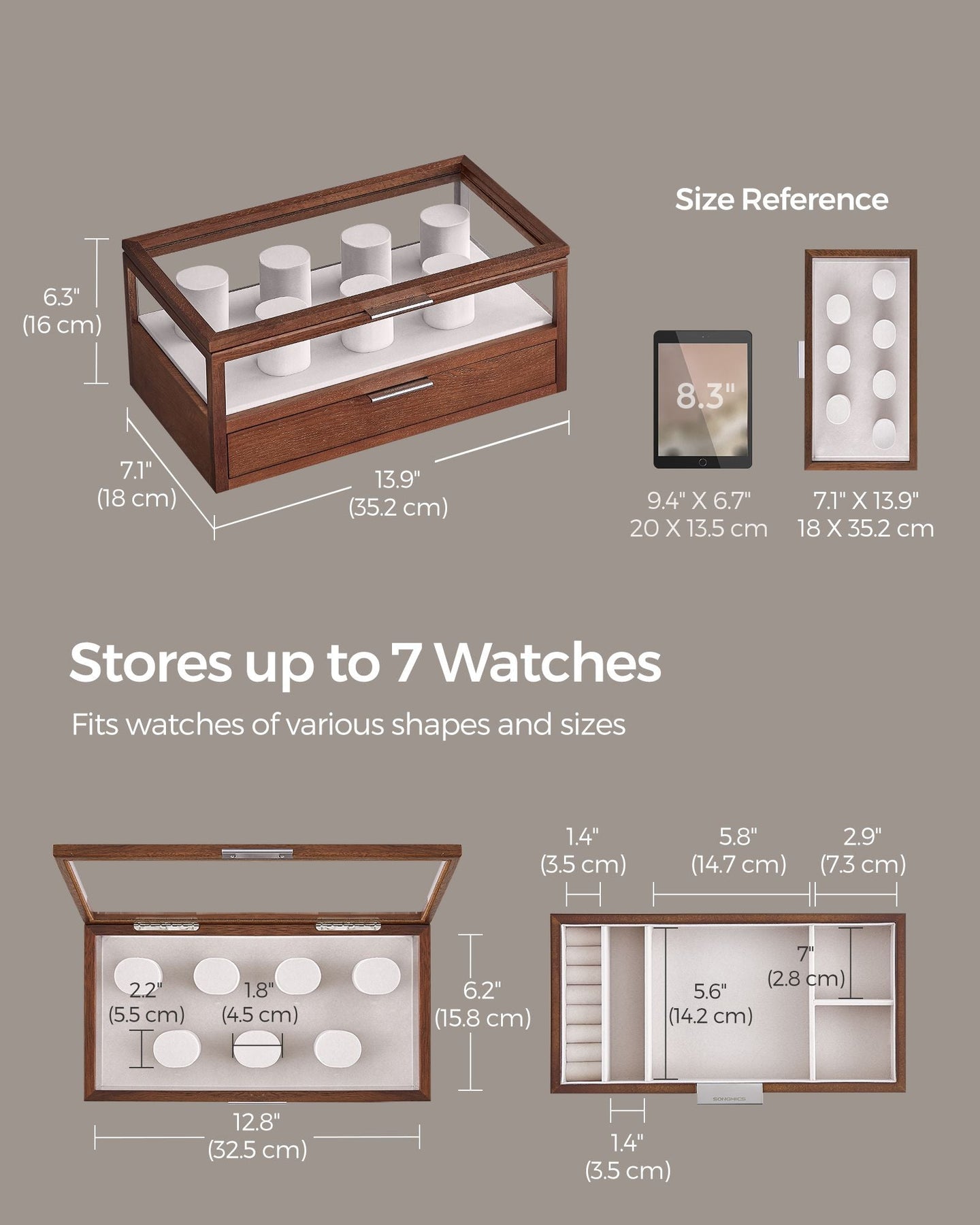 2-Tier Watch Box - Solid Wood - Natural Finish - 7 Pillars with Drawer and Velvet Lining