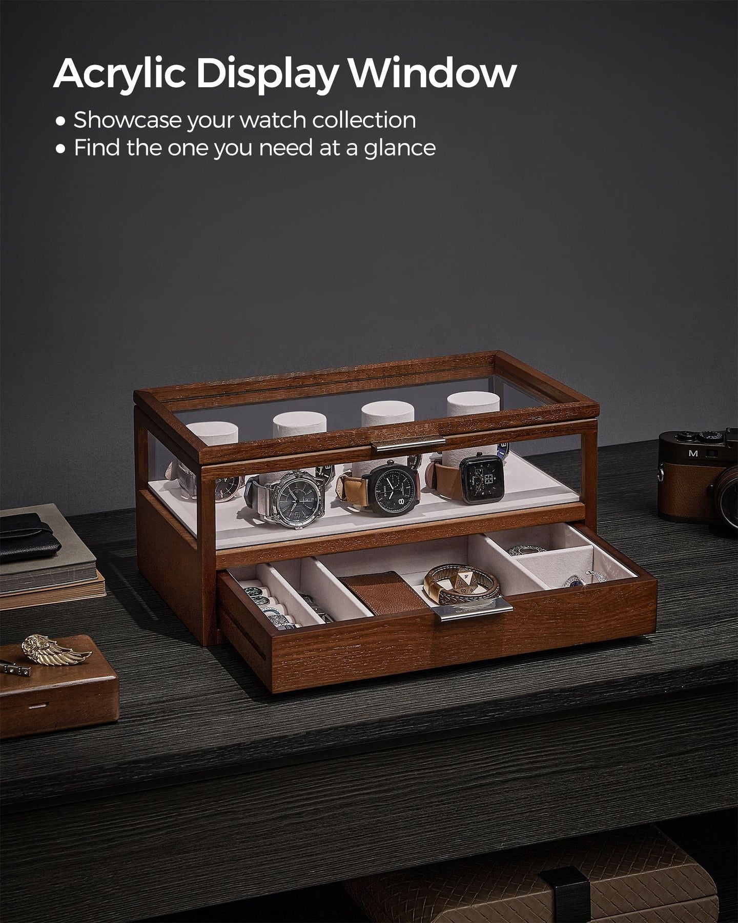2-Tier Watch Box - Solid Wood - Natural Finish - 7 Pillars with Drawer and Velvet Lining