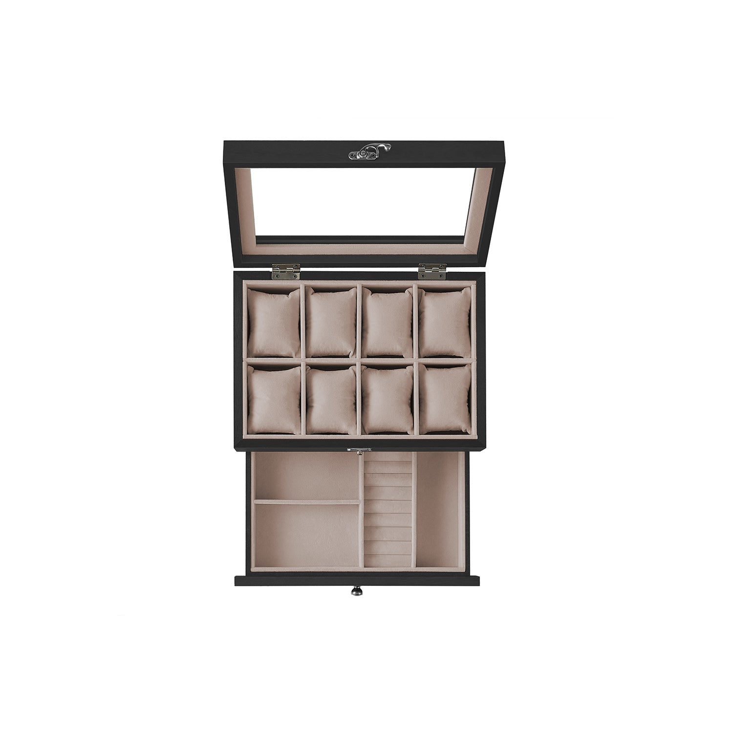Wood Watch Box - Solid Wood - Rustic Walnut - 2-Tier with Glass Lid and 8 Slots