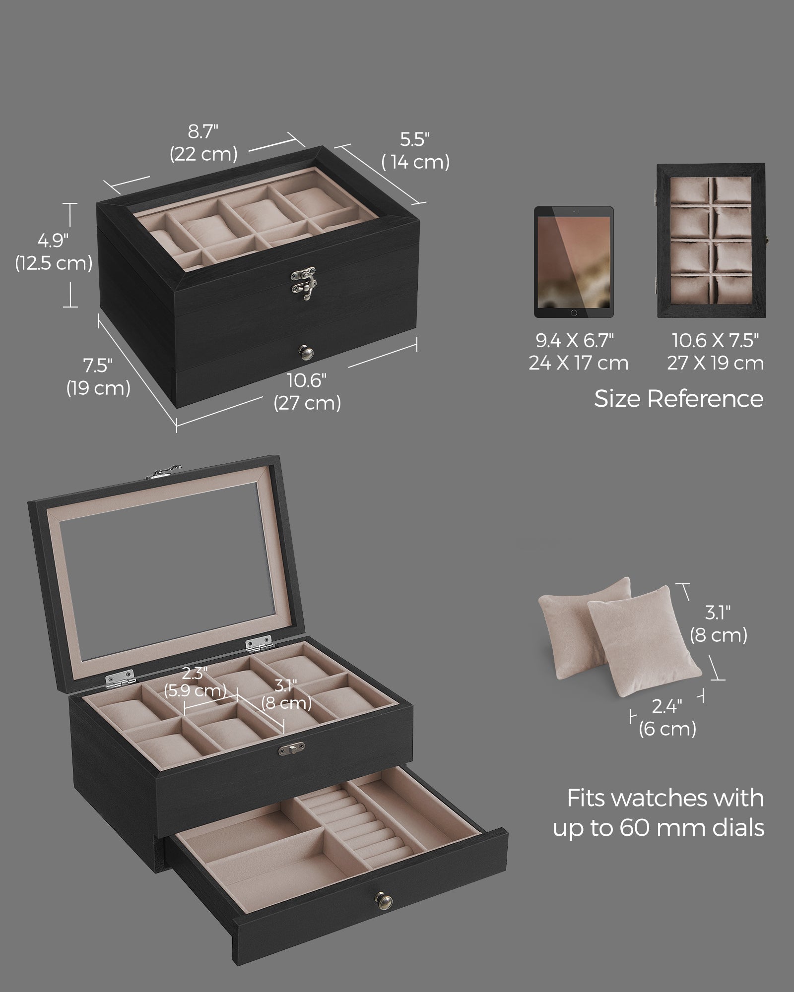 Wood Watch Box - Solid Wood - Rustic Walnut - 2-Tier with Glass Lid and 8 Slots