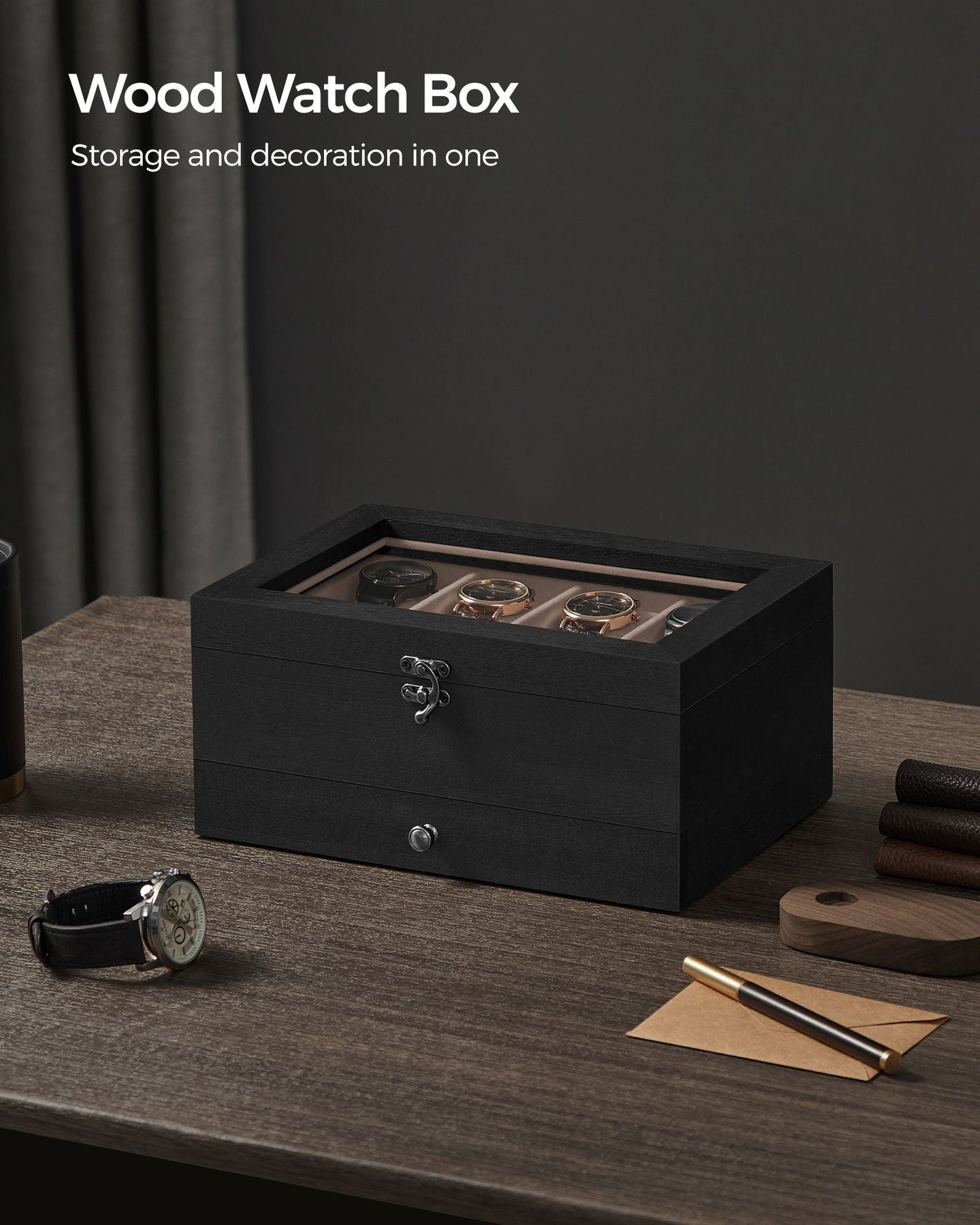 Wood Watch Box - Solid Wood - Rustic Walnut - 2-Tier with Glass Lid and 8 Slots