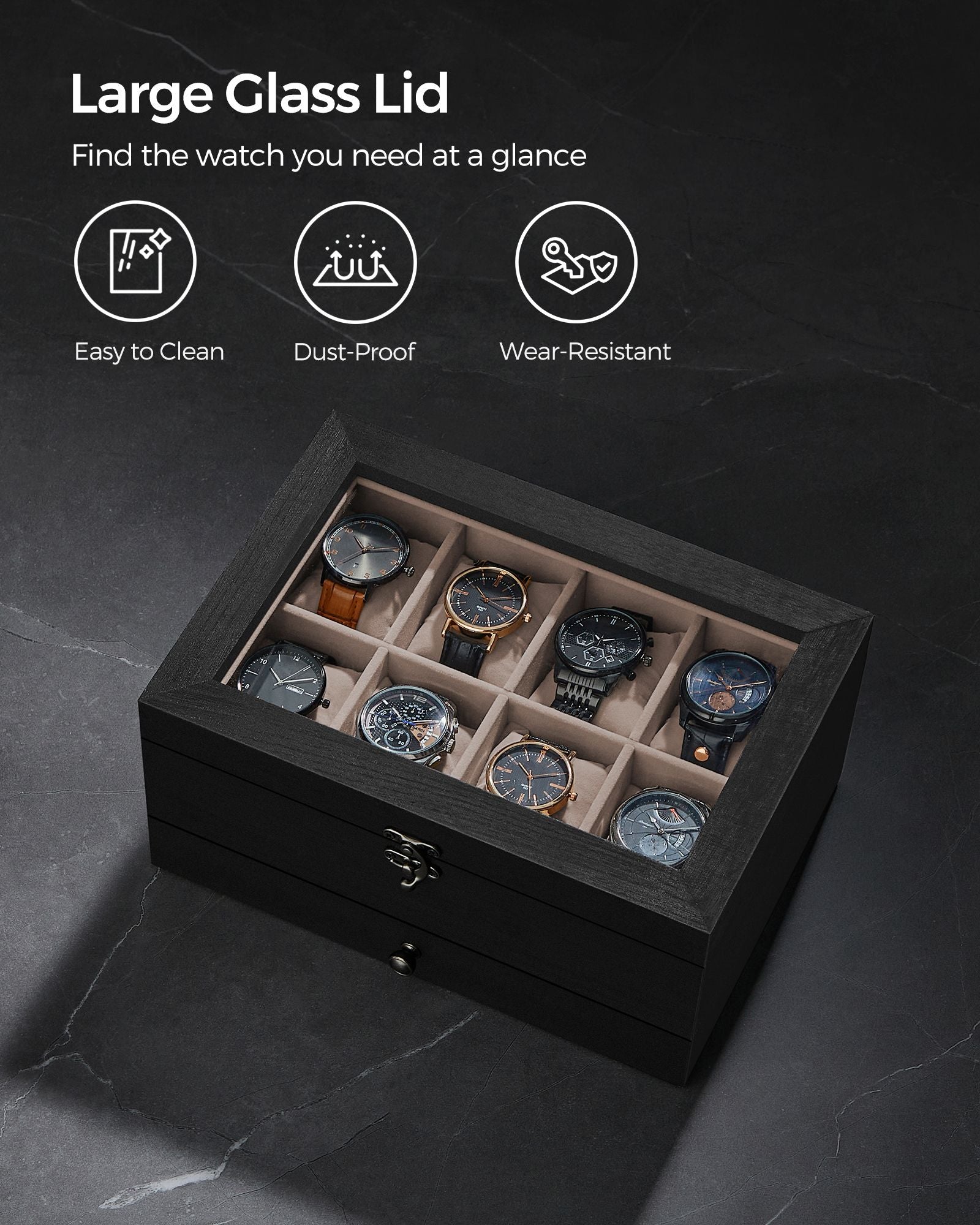Wood Watch Box - Solid Wood - Rustic Walnut - 2-Tier with Glass Lid and 8 Slots