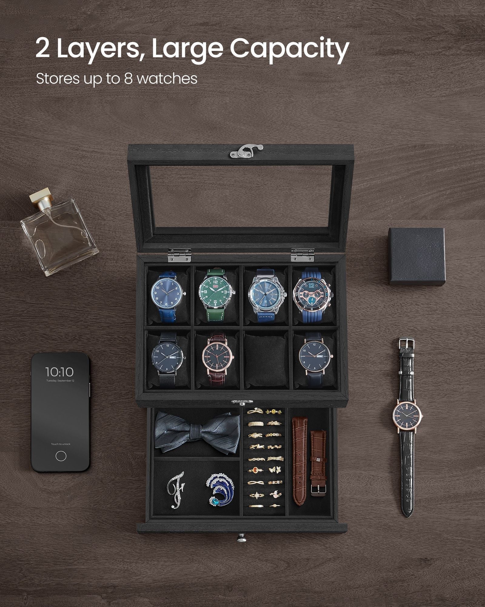 Watch Box - Solid Wood - Ink Black - 8 Slots with Pillows and Glass Lid