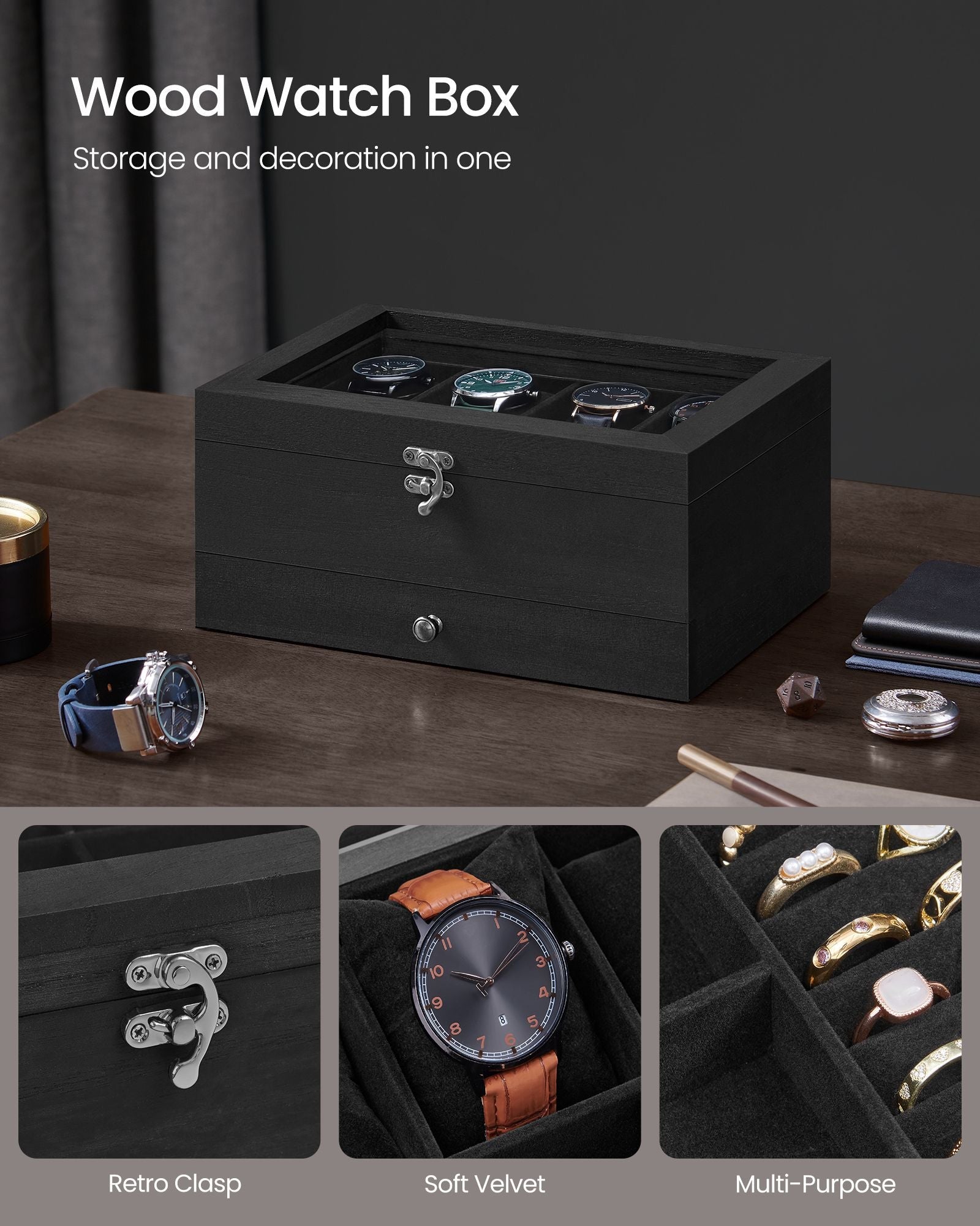 Watch Box - Solid Wood - Ink Black - 8 Slots with Pillows and Glass Lid