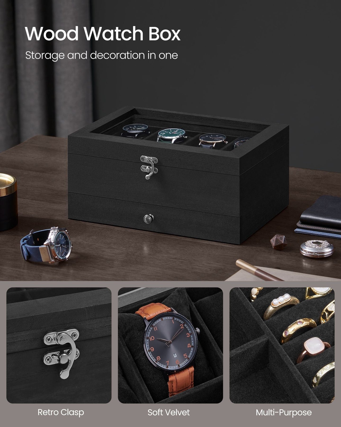 Watch Box - Solid Wood - Ink Black - 8 Slots with Pillows and Glass Lid