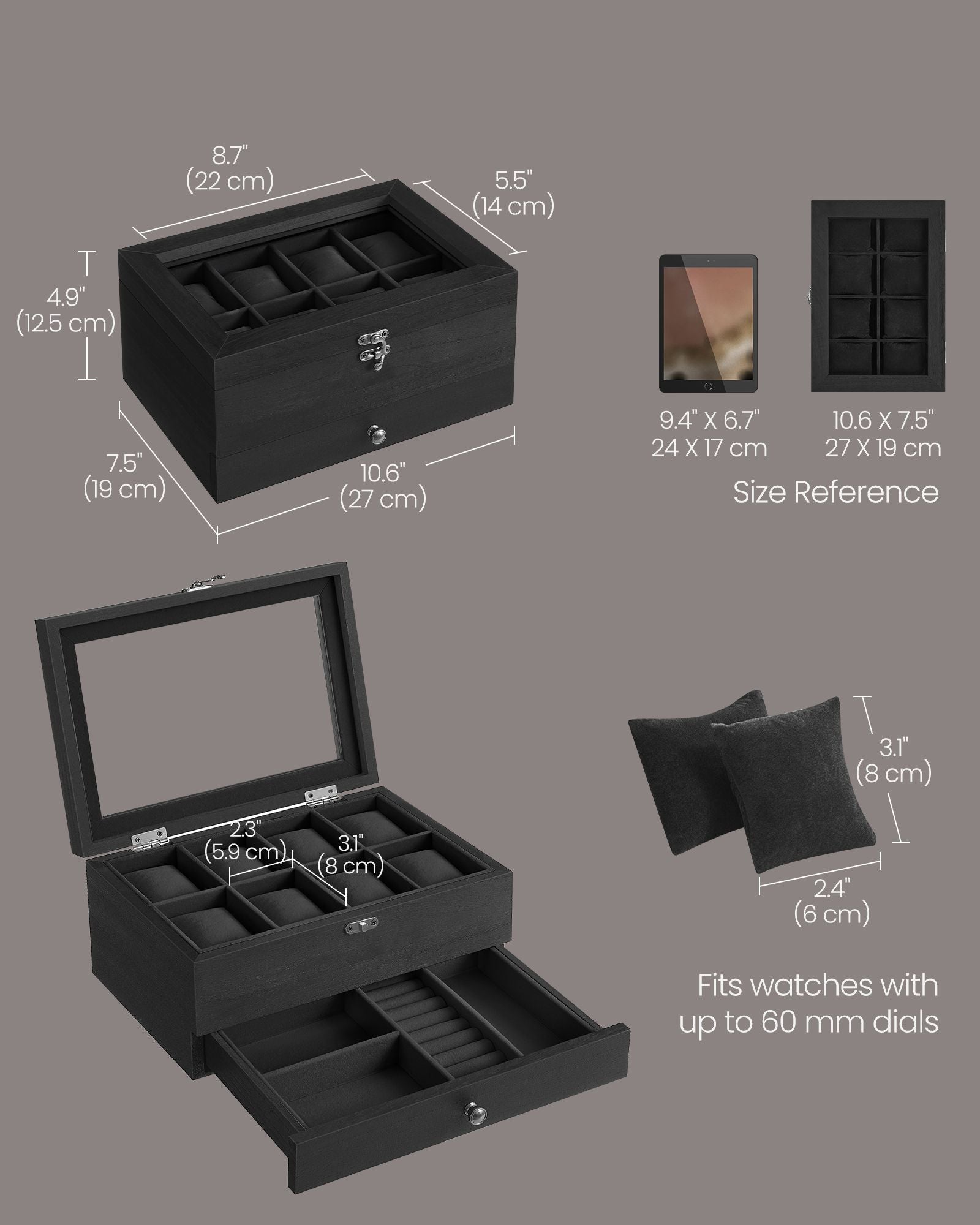 Watch Box - Solid Wood - Ink Black - 8 Slots with Pillows and Glass Lid