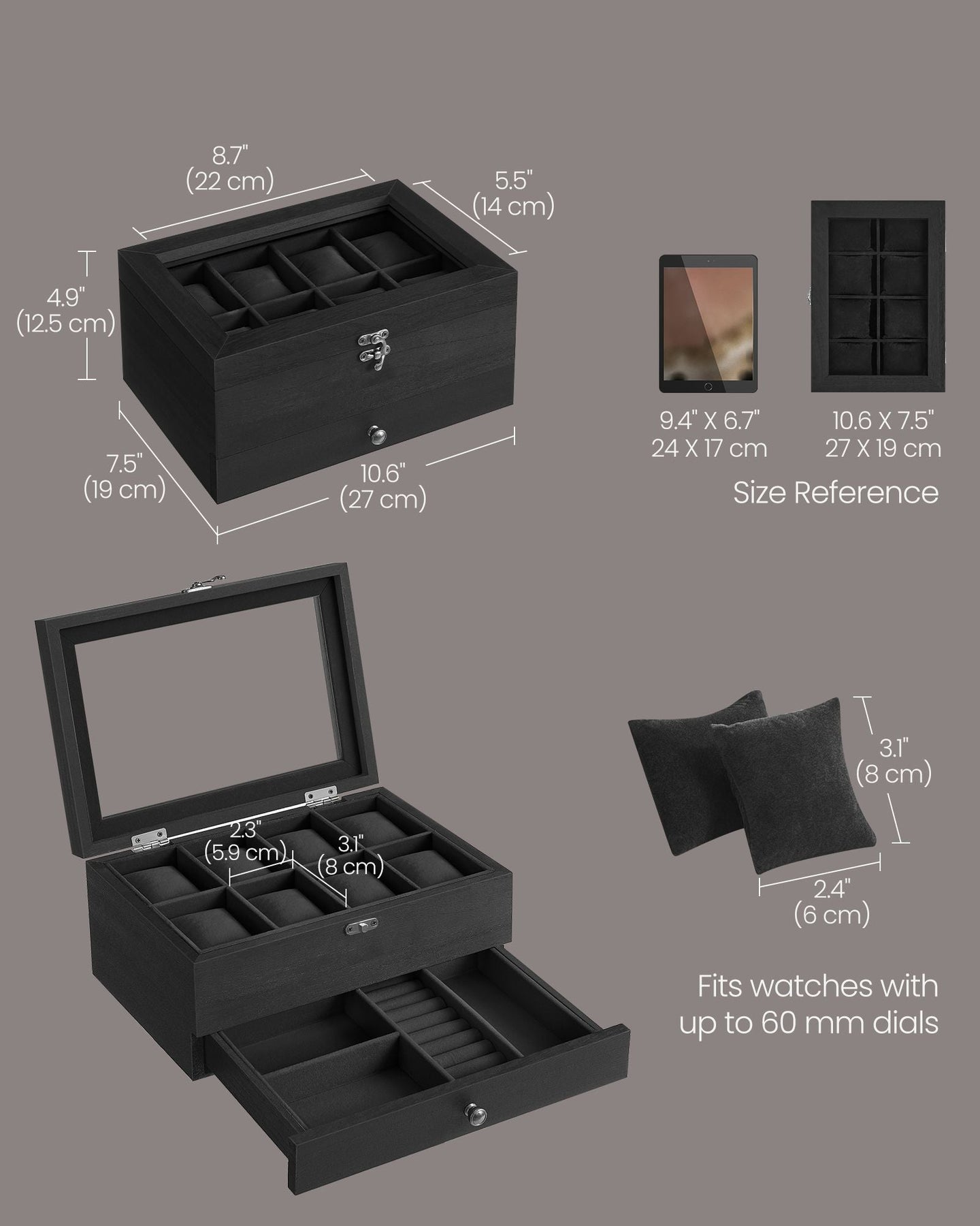 Watch Box - Solid Wood - Ink Black - 8 Slots with Pillows and Glass Lid