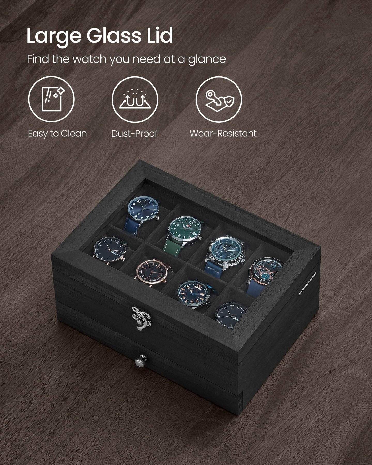 Watch Box - Solid Wood - Ink Black - 8 Slots with Pillows and Glass Lid