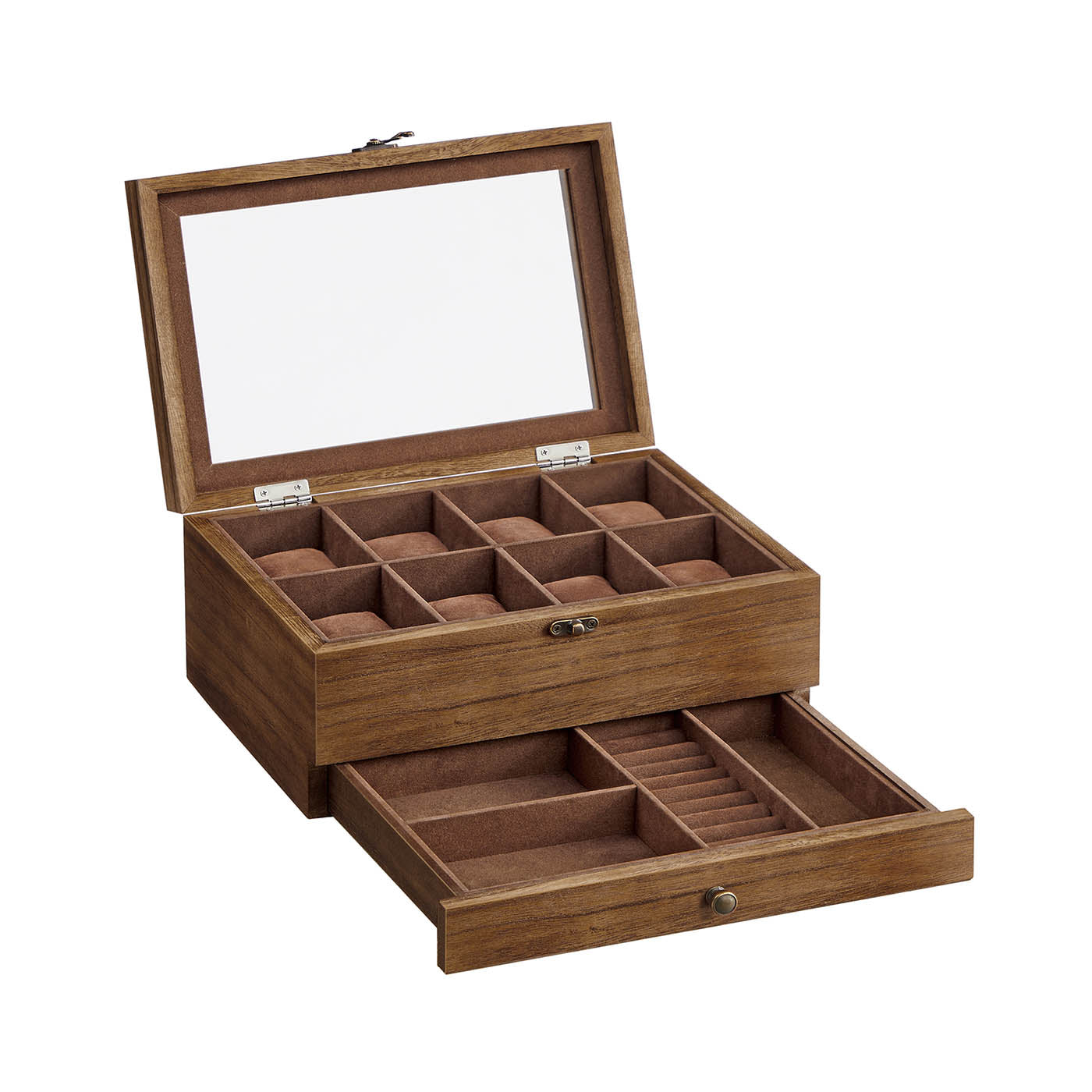 Wooden Watch Box - Solid Wood - Rustic Walnut - 8 Slots with Glass Lid and Pillows