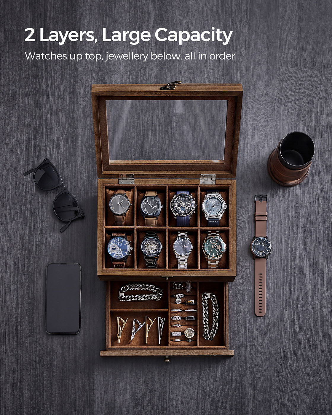 Wooden Watch Box - Solid Wood - Rustic Walnut - 8 Slots with Glass Lid and Pillows