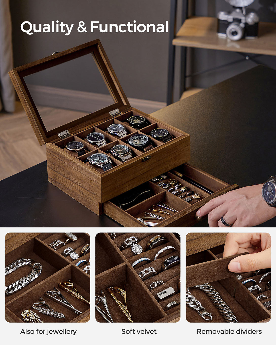Wooden Watch Box - Solid Wood - Rustic Walnut - 8 Slots with Glass Lid and Pillows