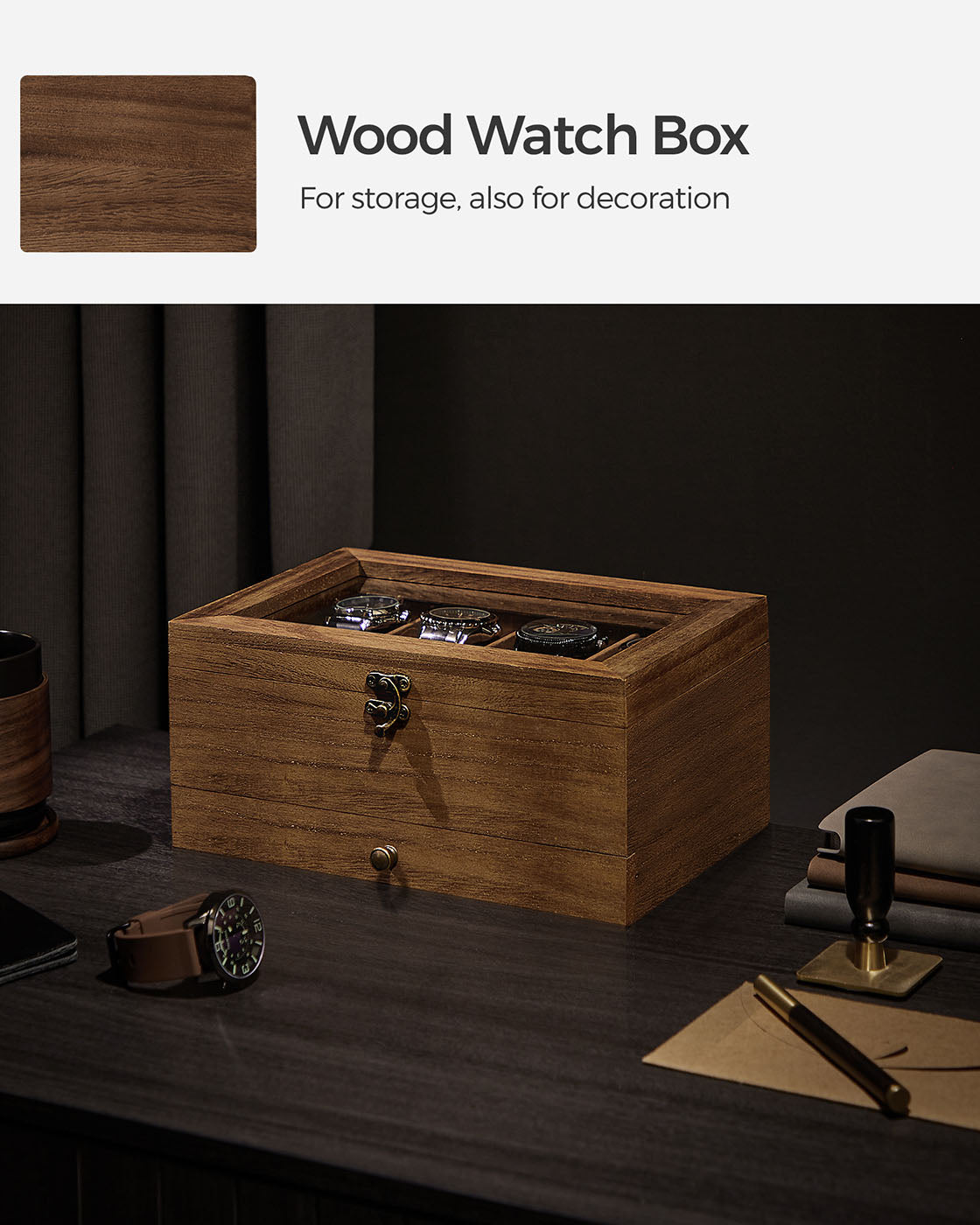 Wooden Watch Box - Solid Wood - Rustic Walnut - 8 Slots with Glass Lid and Pillows
