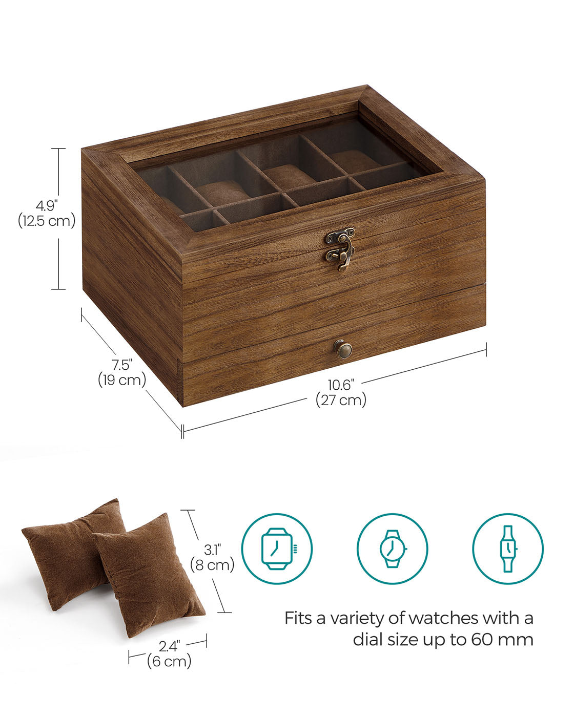 Wooden Watch Box - Solid Wood - Rustic Walnut - 8 Slots with Glass Lid and Pillows