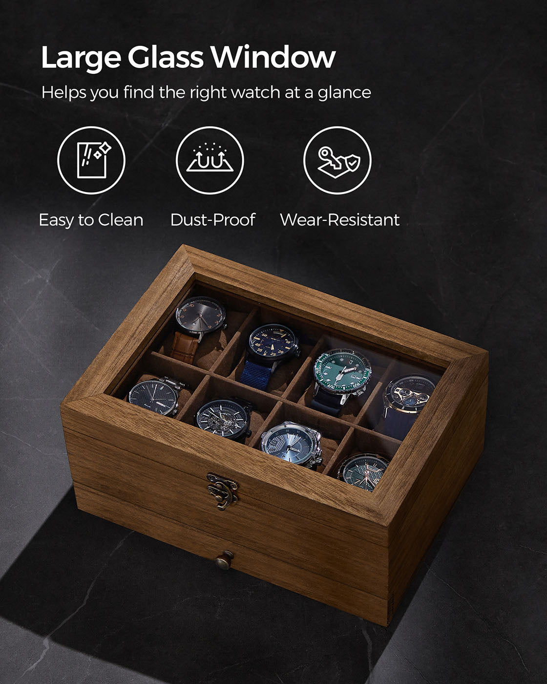 Wooden Watch Box - Solid Wood - Rustic Walnut - 8 Slots with Glass Lid and Pillows