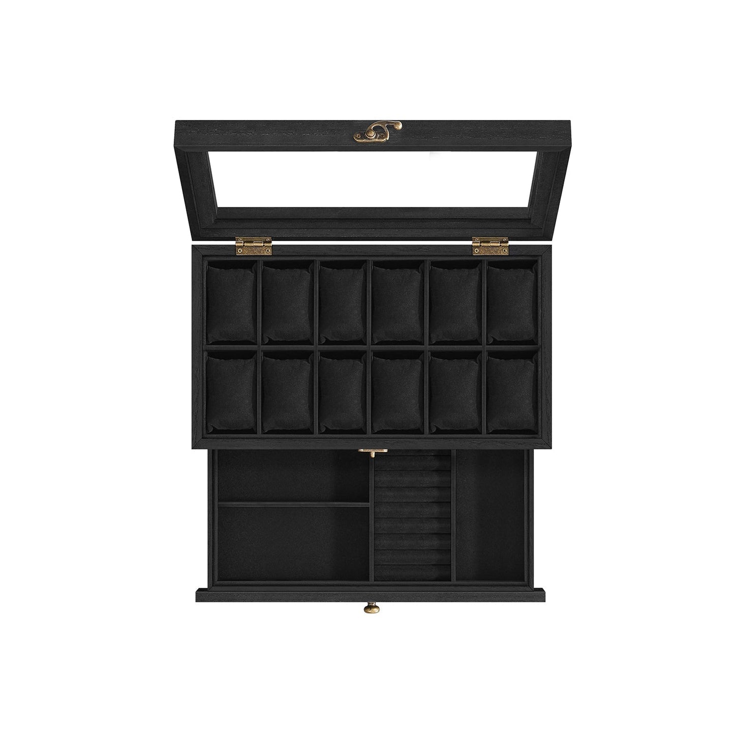 2-Tier Wood Watch Case - Wood - Ink Black - 8 Slots with Large Glass Lid and Velvet Lining